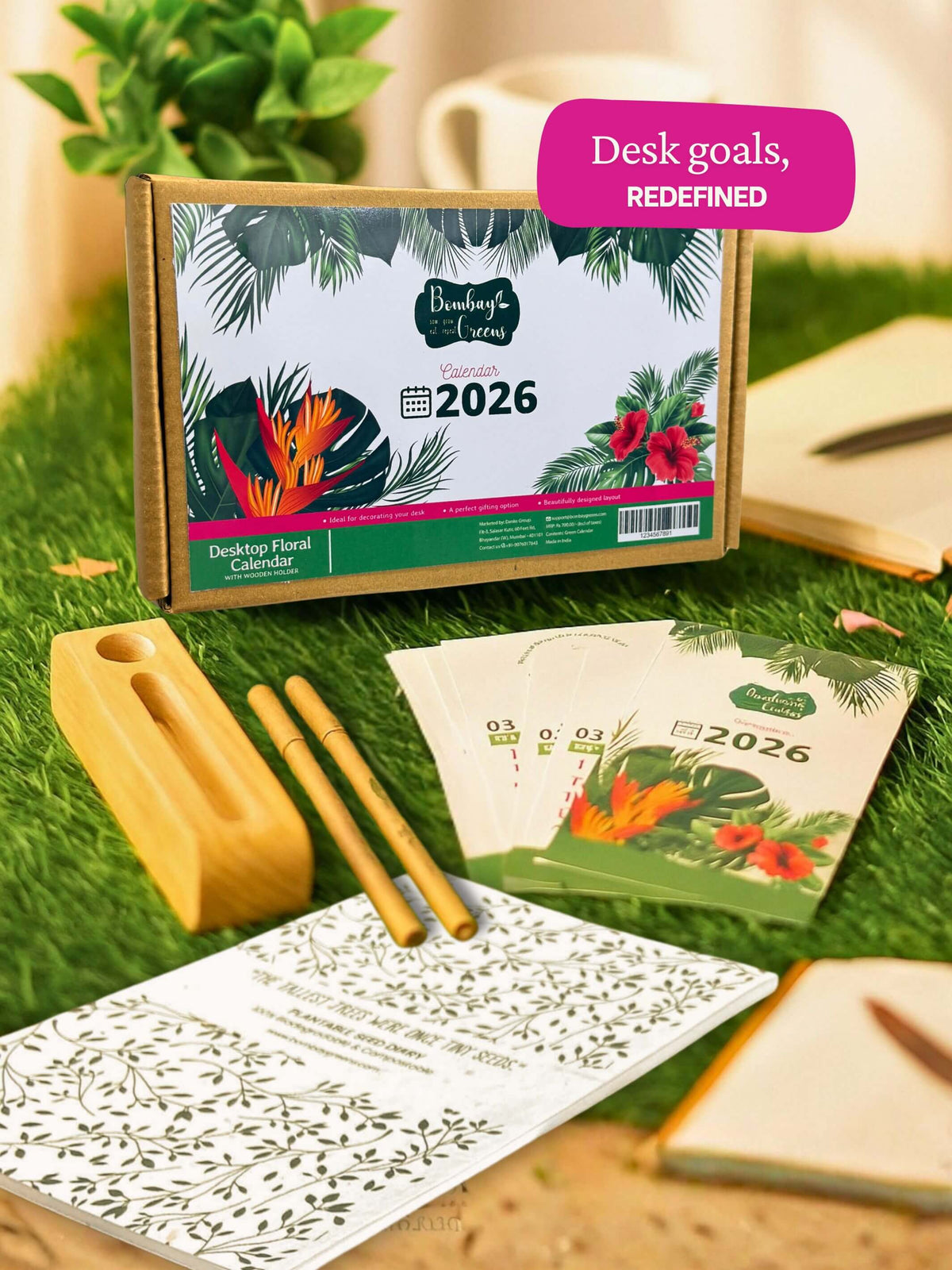 Green Calendar with Seed Pens, Seed Diary & Wooden Stand