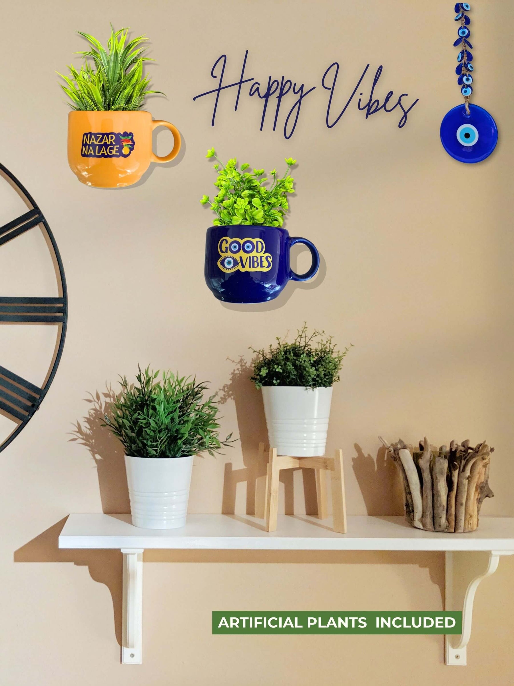 Ceramic Cup Planter (Good Vibes+Nazar Na Lage) (Set of 2)