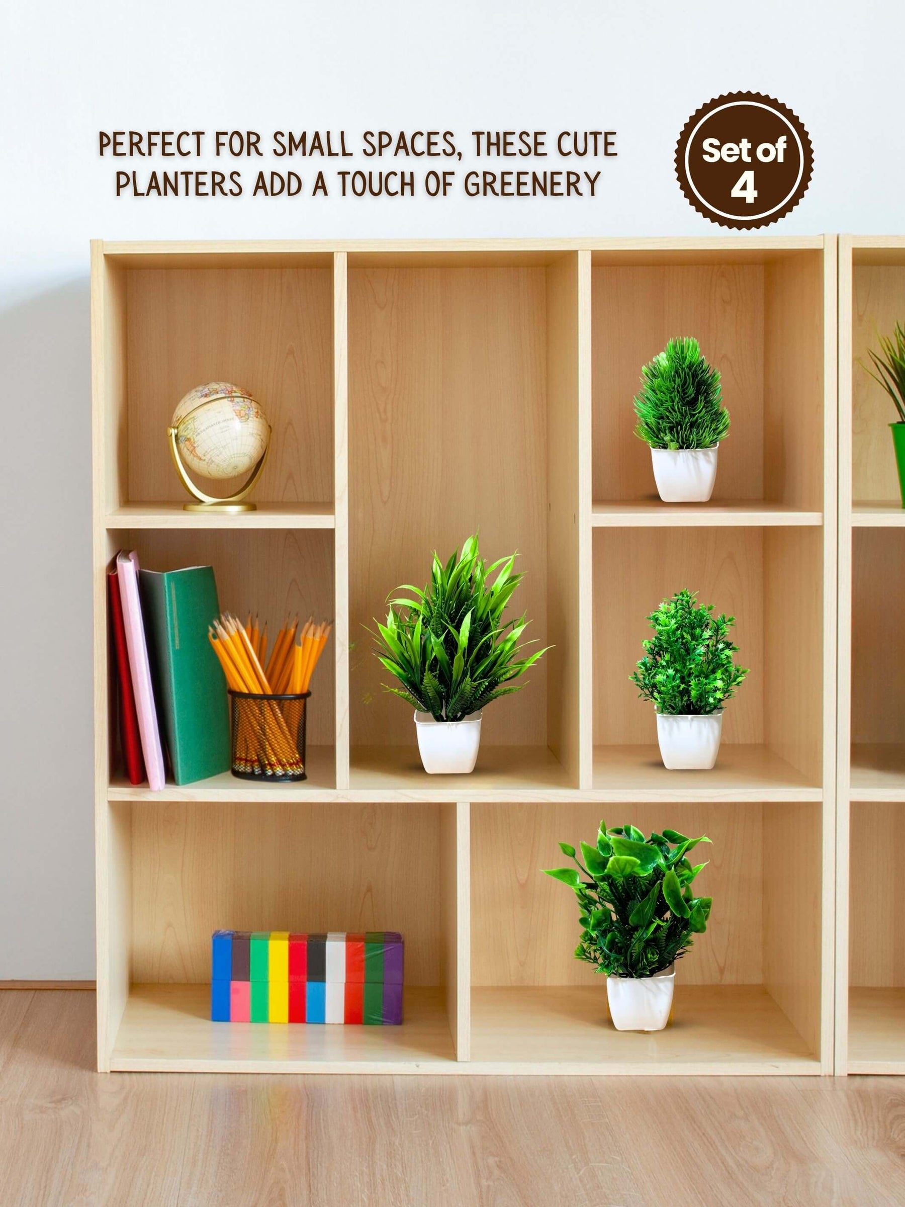 Mini Planters & Pots with Artificial Plants for Desk (Set of 4)