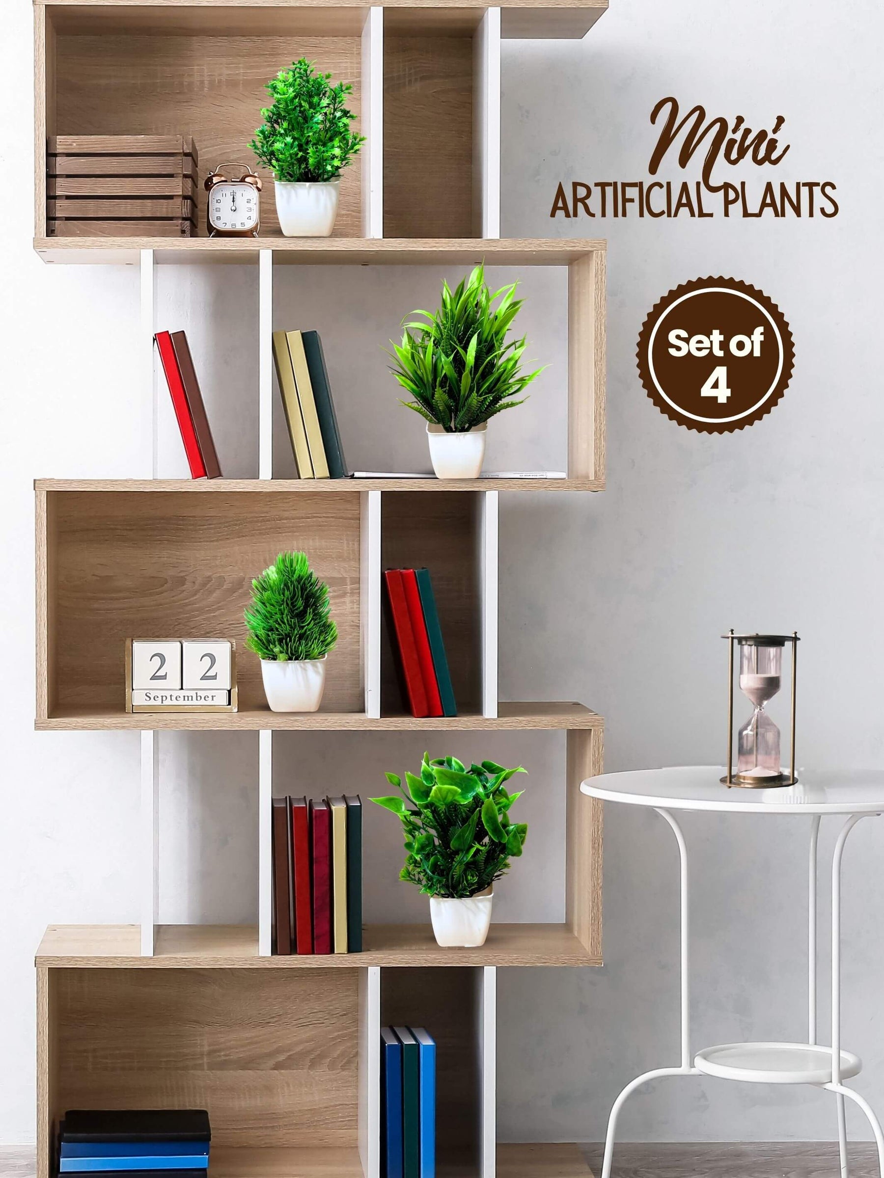 Mini Planters & Pots with Artificial Plants for Desk (Set of 4)