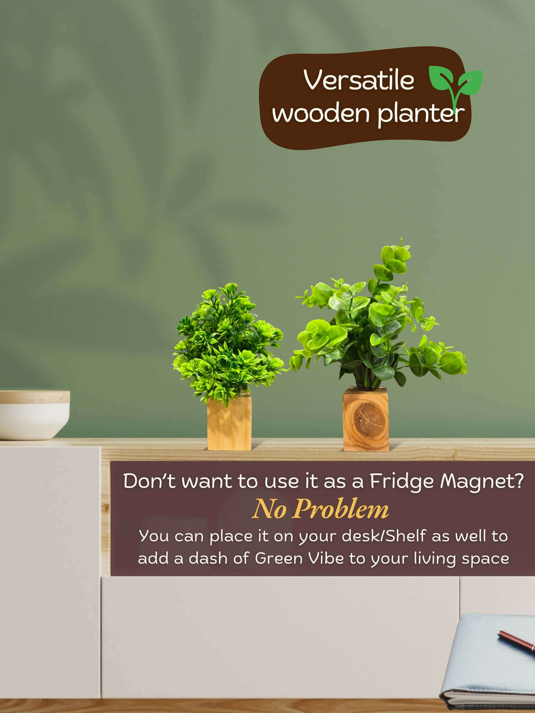 Magnetic Fridge Wooden Planter with Plants- 2 pieces