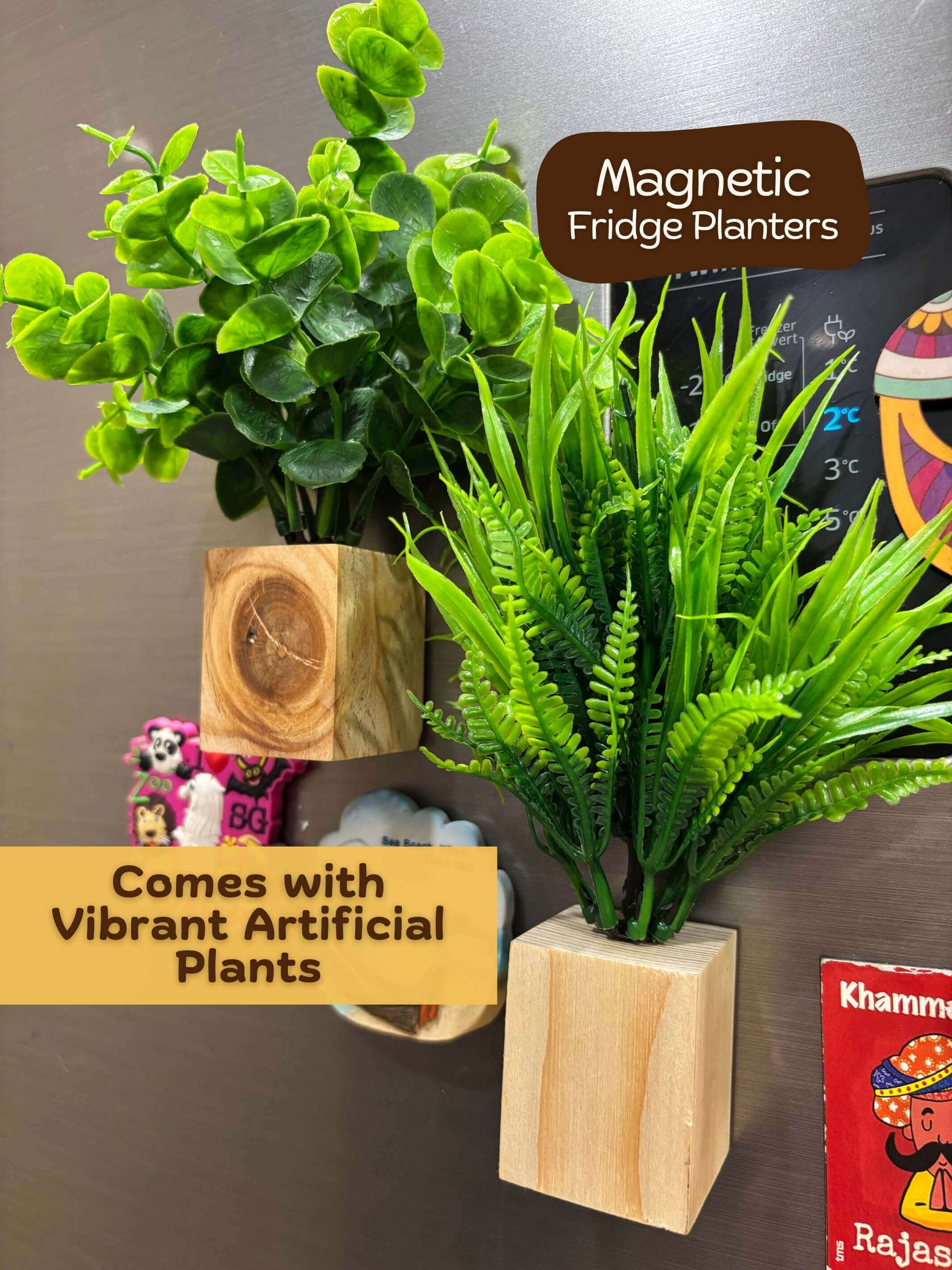Magnetic Fridge Wooden Planter with Plants- 2 pieces