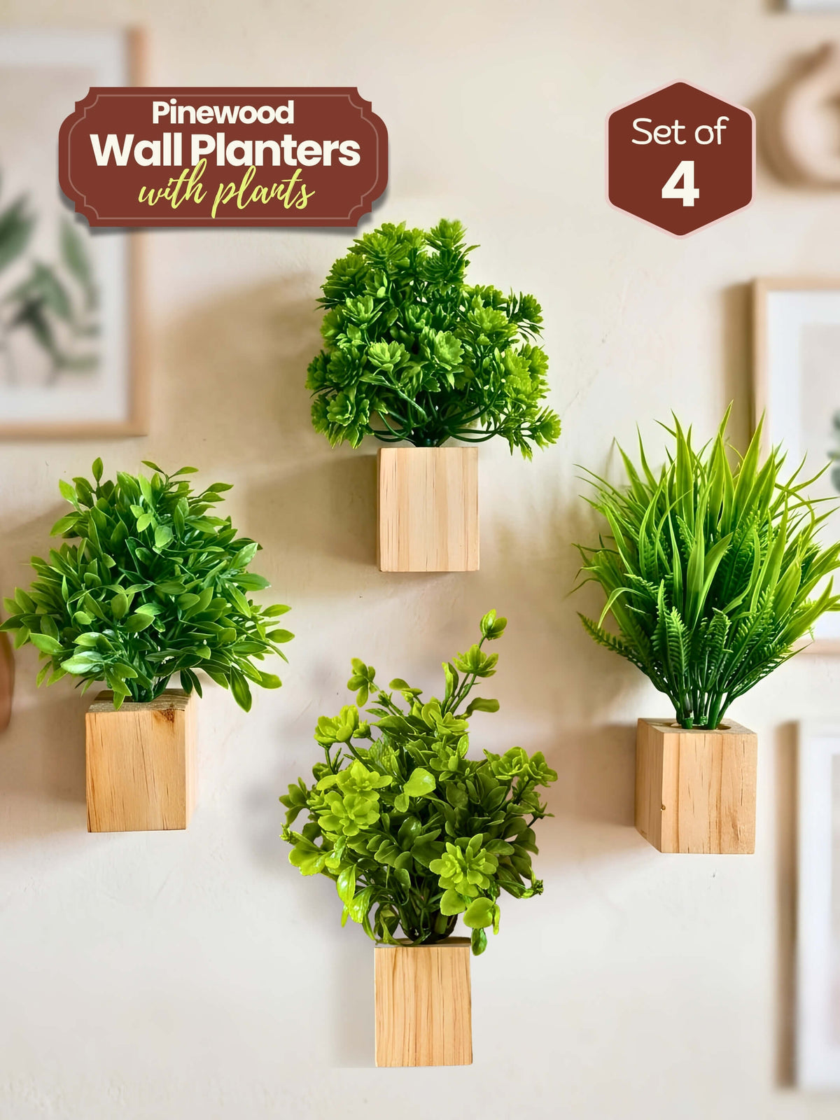 Mini Wall Wooden Planter with Plants - 4 pieces