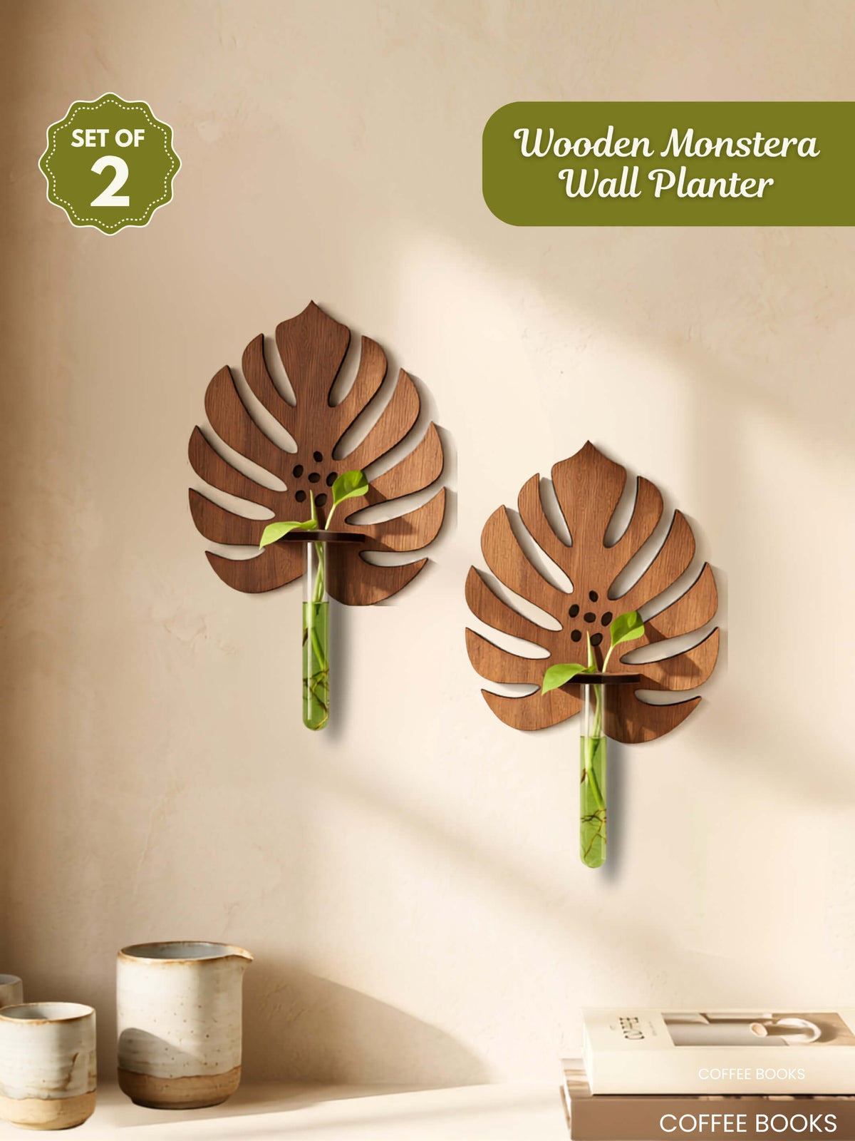 Wooden Monstera Wall Planter - 2 pcs