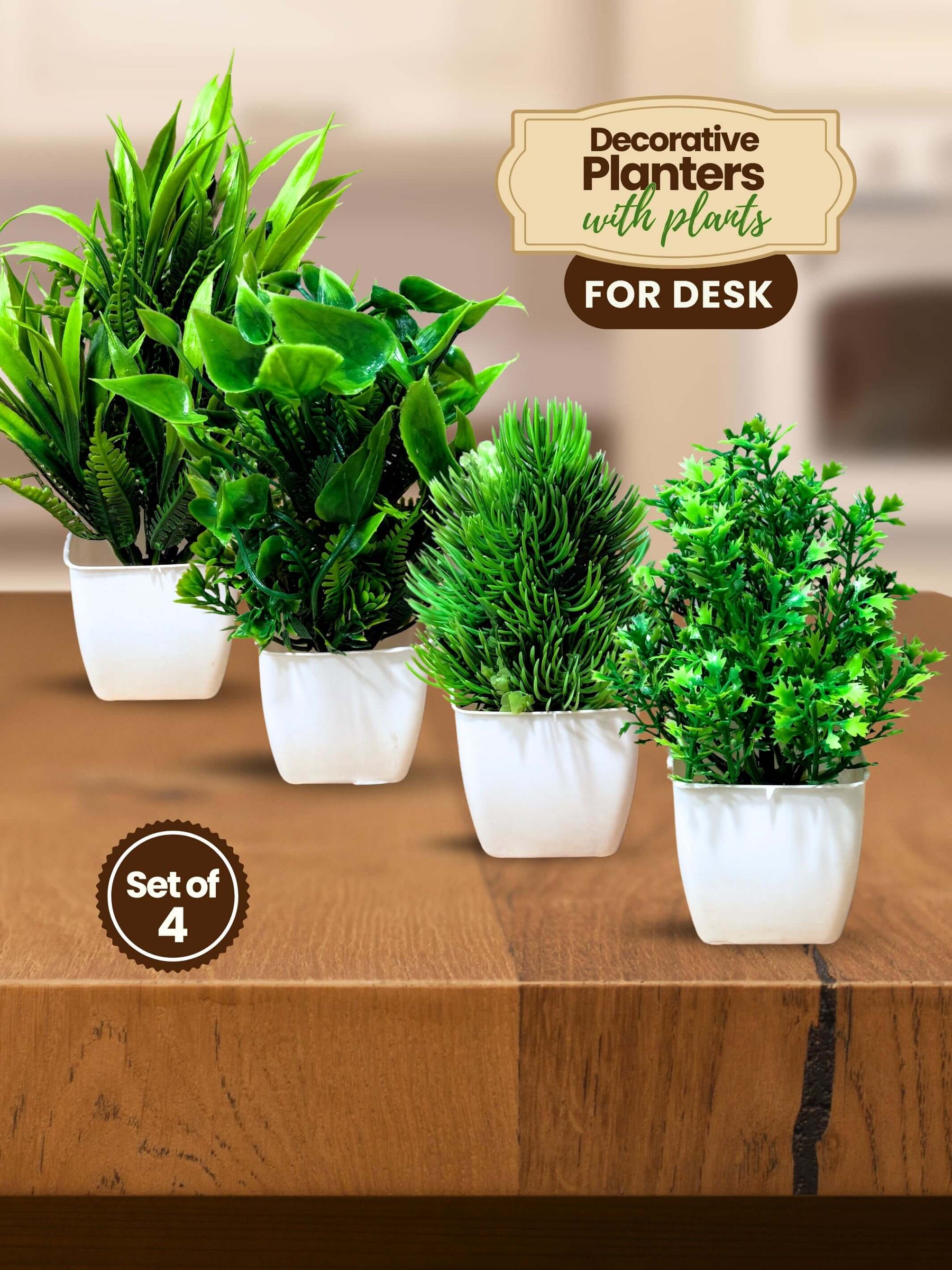 Mini Planters & Pots with Artificial Plants for Desk (Set of 4)