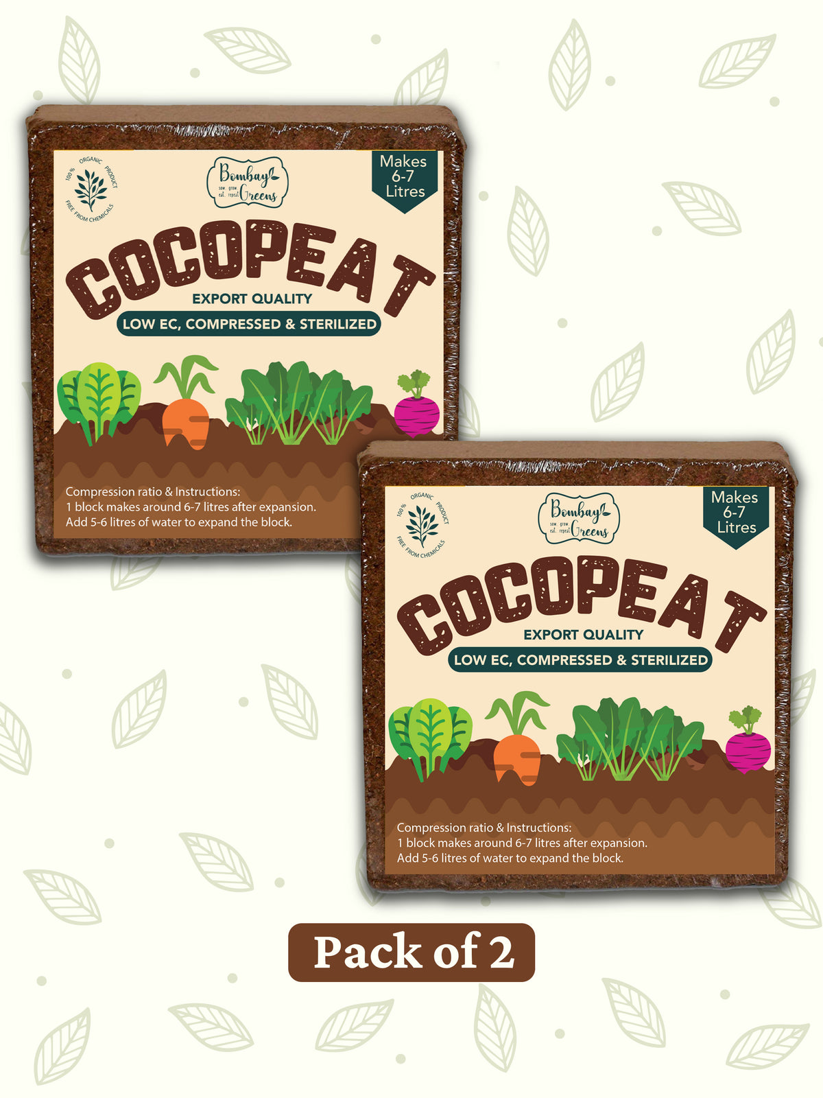 Organic Cocopeat Block. Makes 7 litres per block - Pack of 2