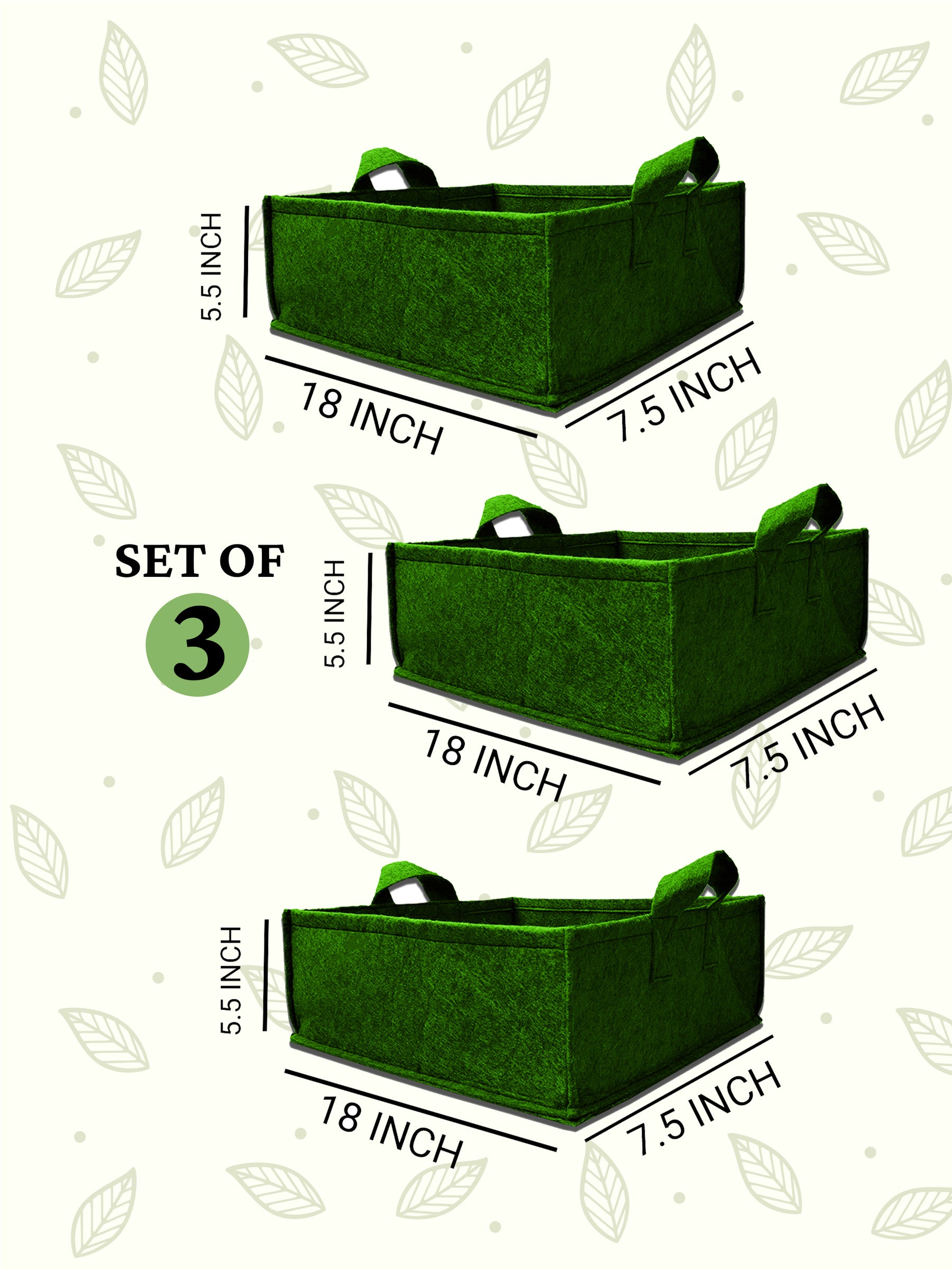 Geo Fabric Grow Bags 400 GSM Rectangle - (Set of 3) - 18x7.5x5.5 inches