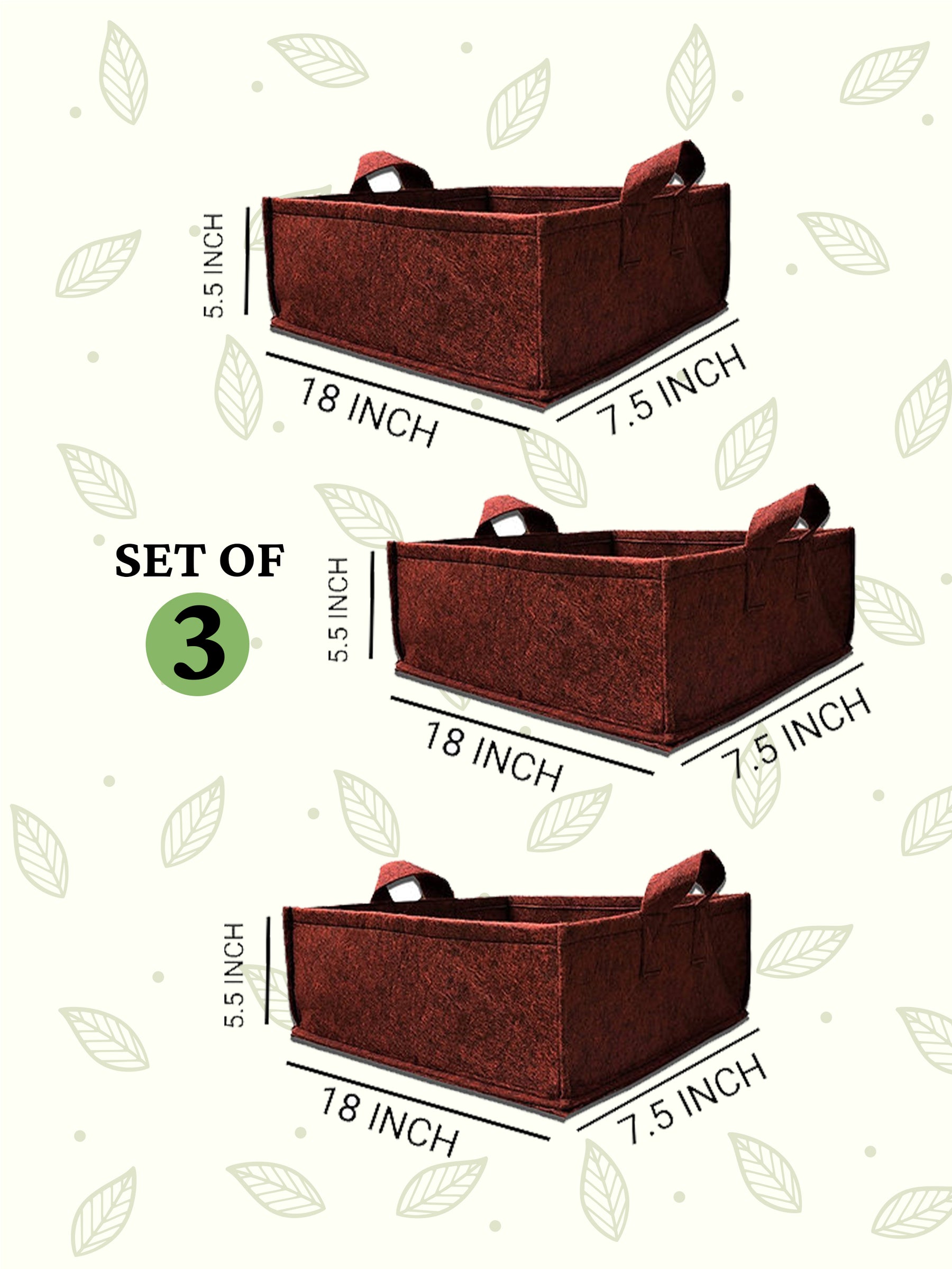 Geo Fabric Grow Bags 400 GSM Rectangle - (Set of 3) - 18x7.5x5.5 inches