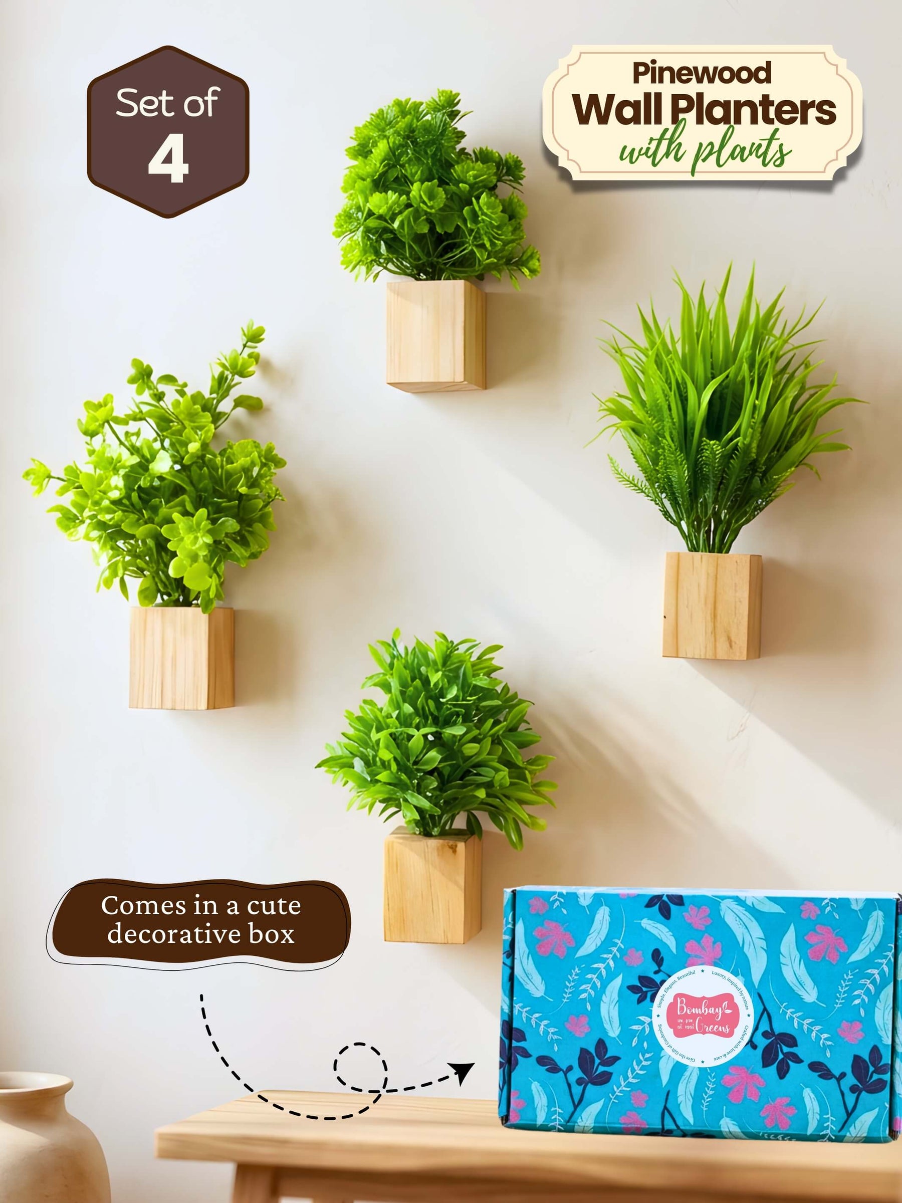 Mini Wall Wooden Planter with Plants - 4 pieces