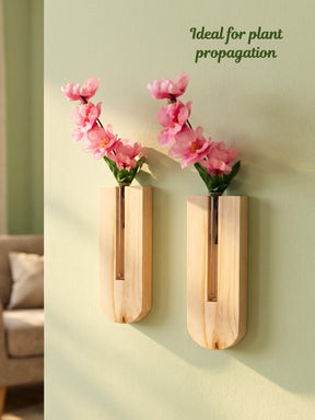 Wooden Wall Planter with Test Tube & Artificial Plant | Set of 2