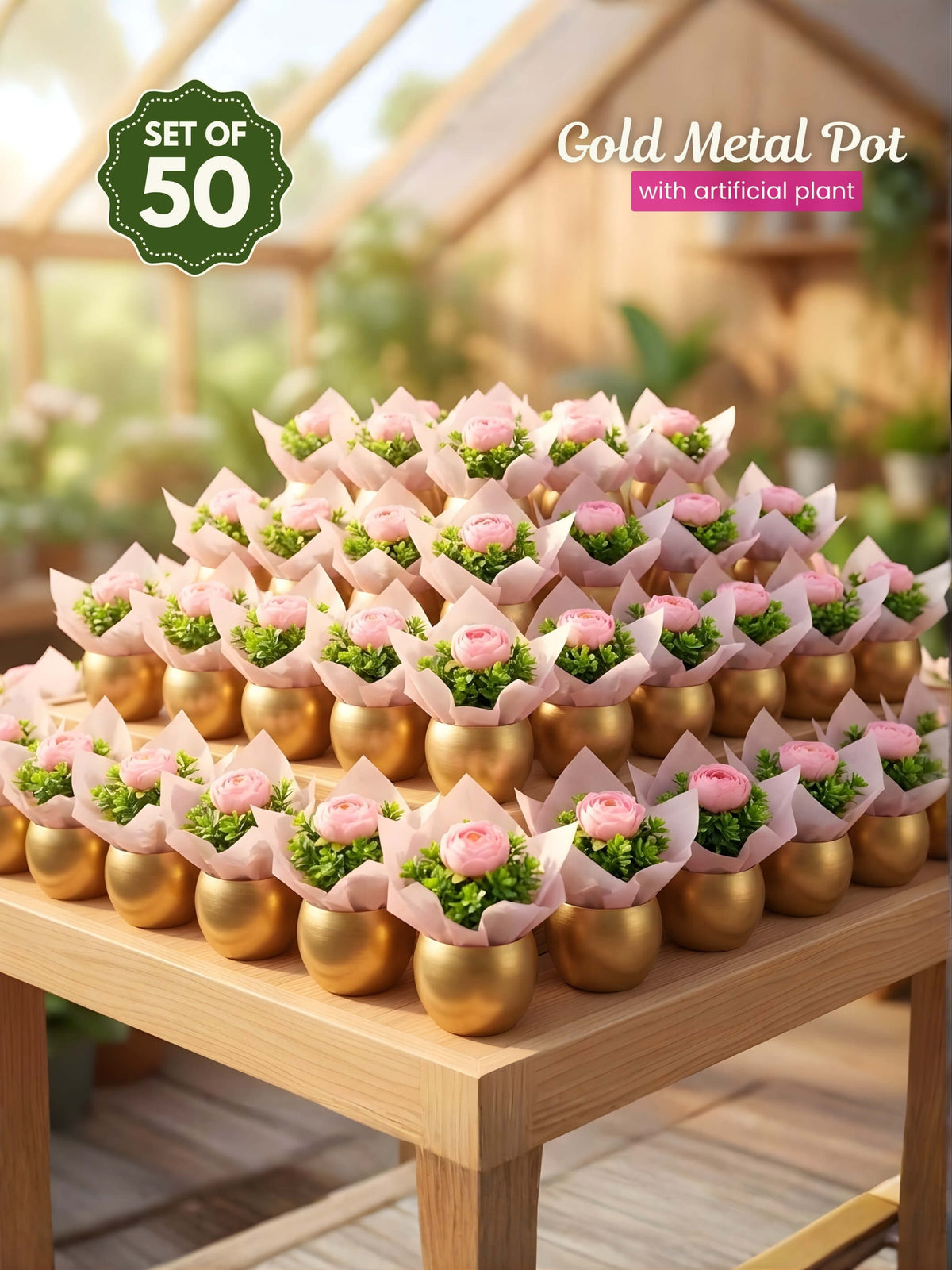 Gold Metal Pot with Artificial Plants – Set of 50