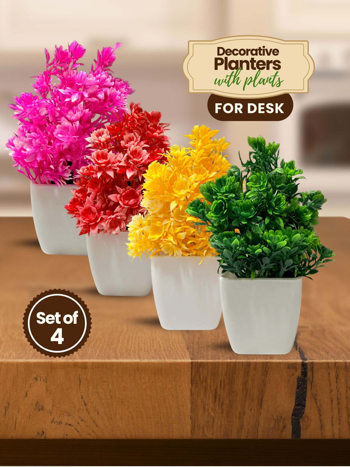 Mini Planters & Pots with Colorful Artificial Plants for Desk (Set of 4)