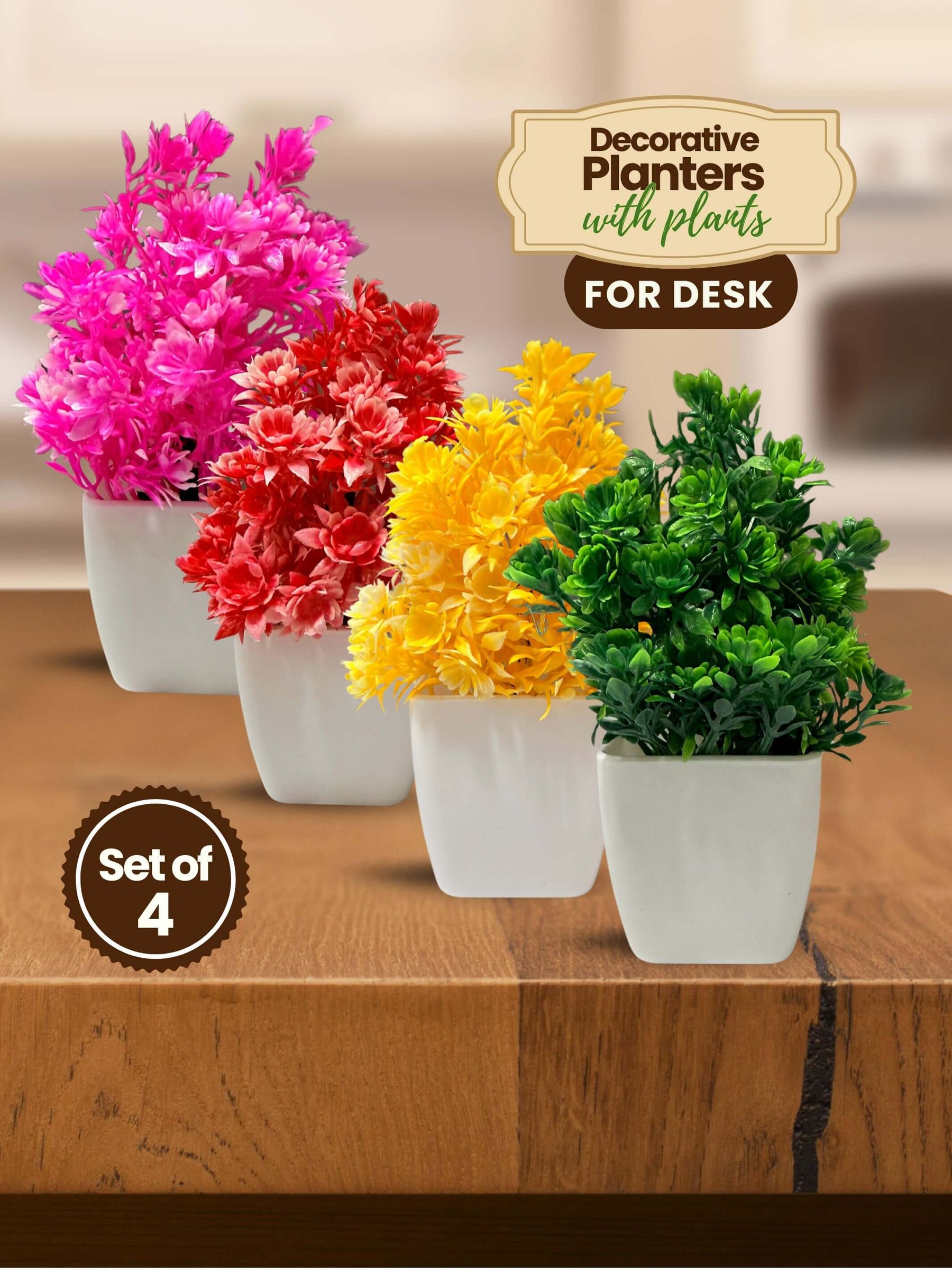 Mini Planters & Pots with Colorful Artificial Plants for Desk (Set of 4)