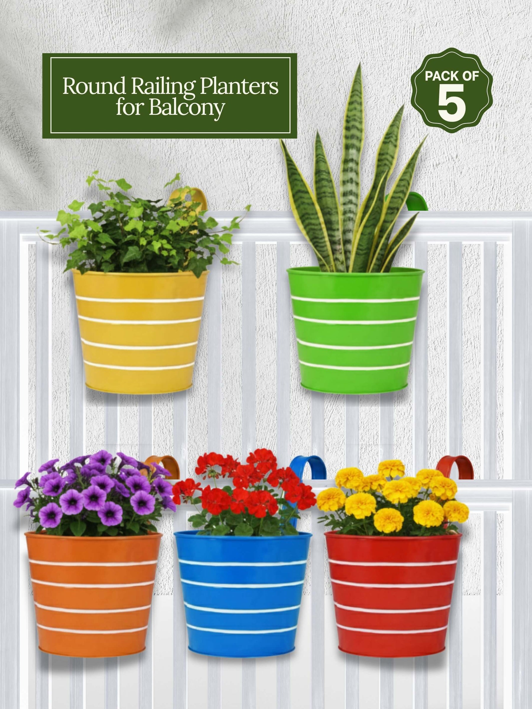 balcony railing planter pots india Set of 5 Round Railing Planters