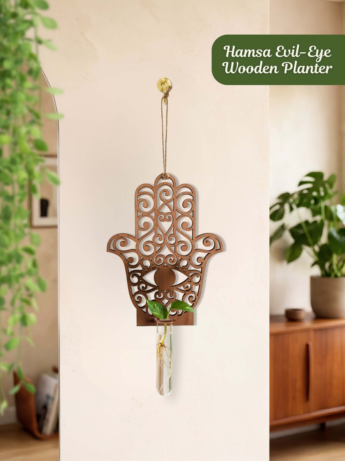 Hamsa Evil-Eye Wooden Wall Planter - 1 pc