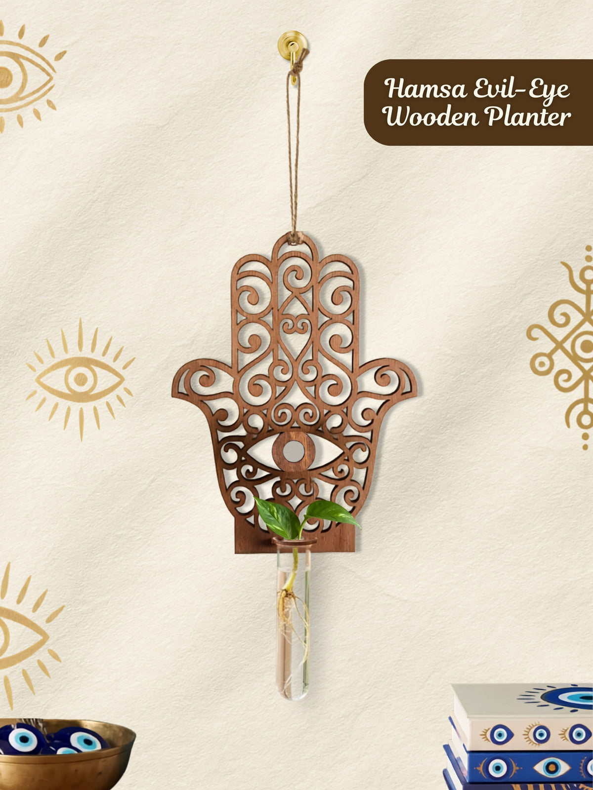 Hamsa Evil-Eye Wooden Wall Planter - Pack of 1