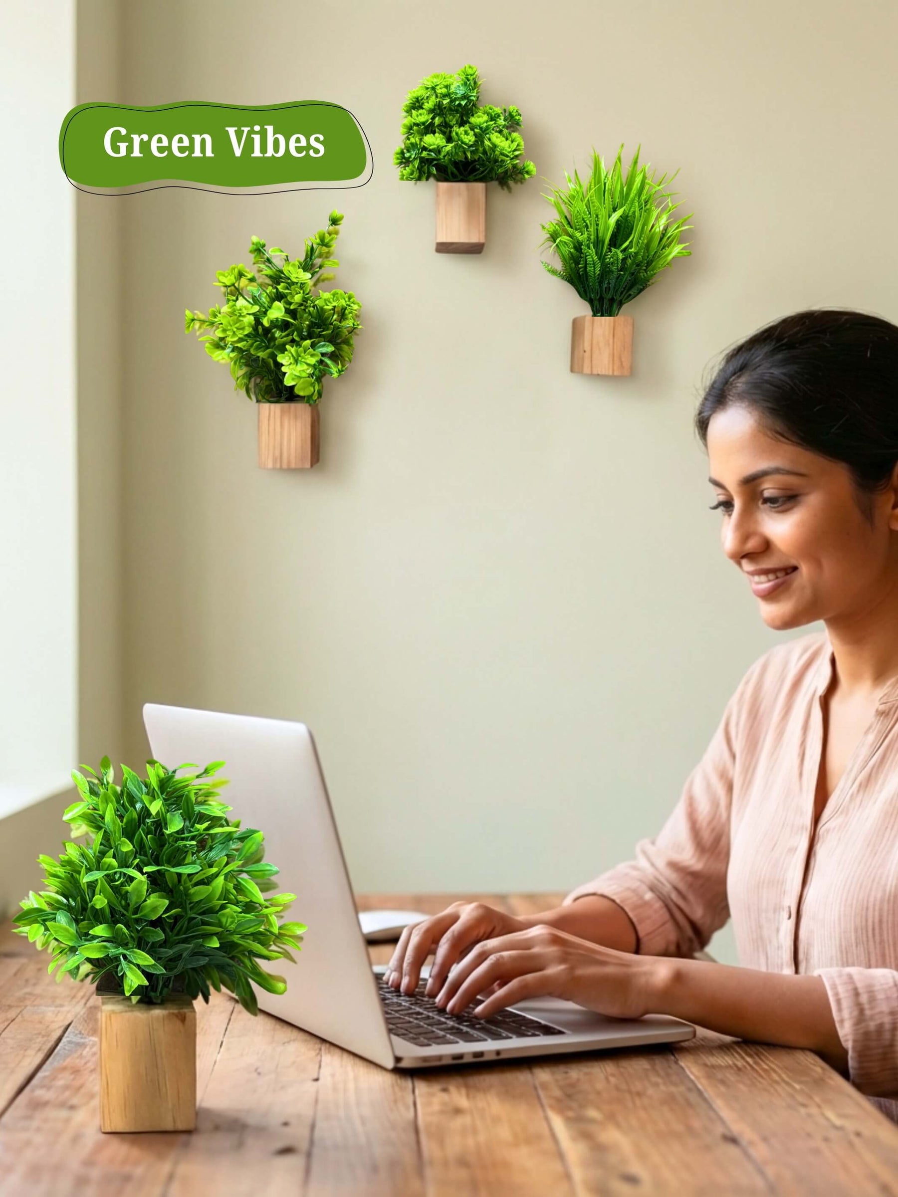 Mini Wall Wooden Planter with Plants - 4 pieces