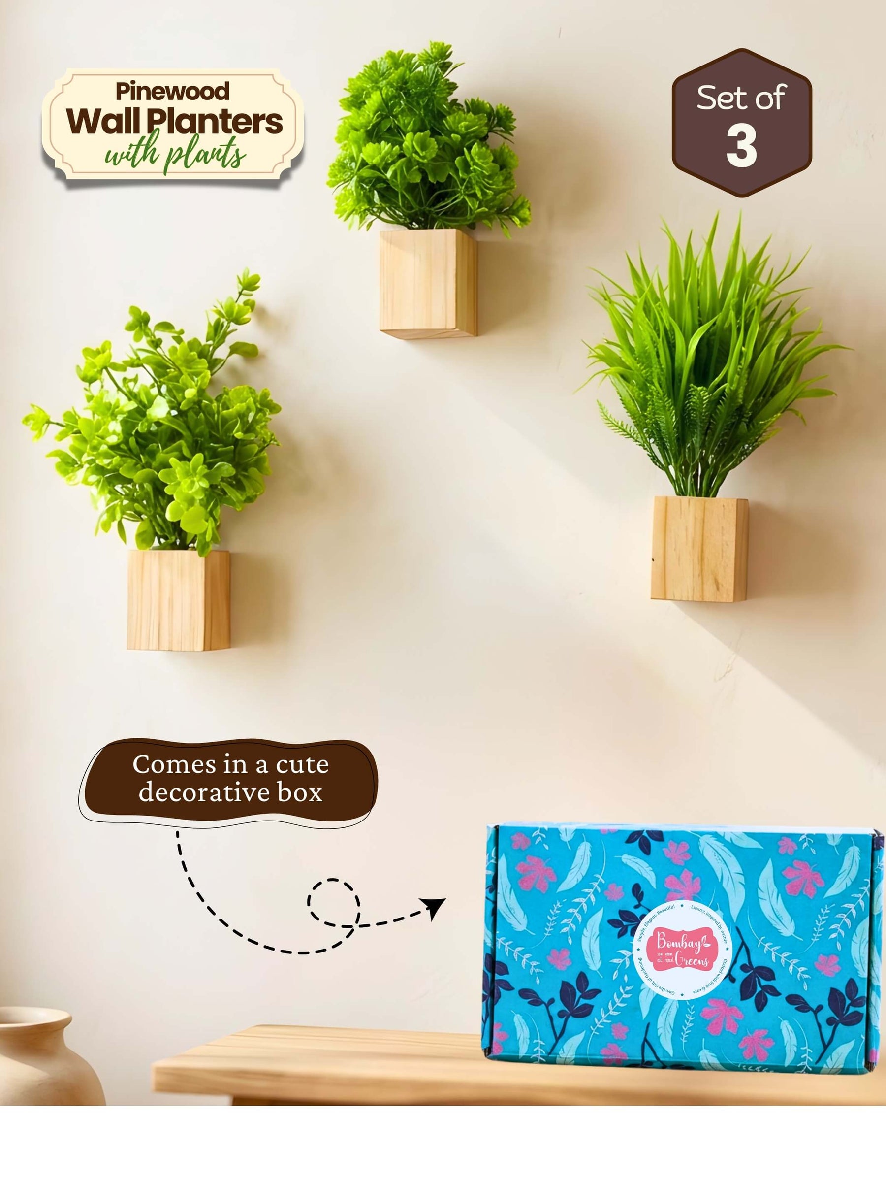 Mini Wall Wooden Planter with Plants - 3 pieces