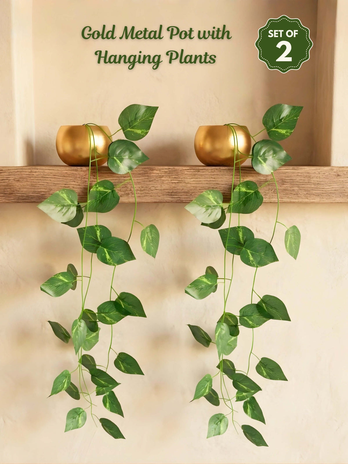 Gold Metal Pot with Hanging Plants – Set of 2