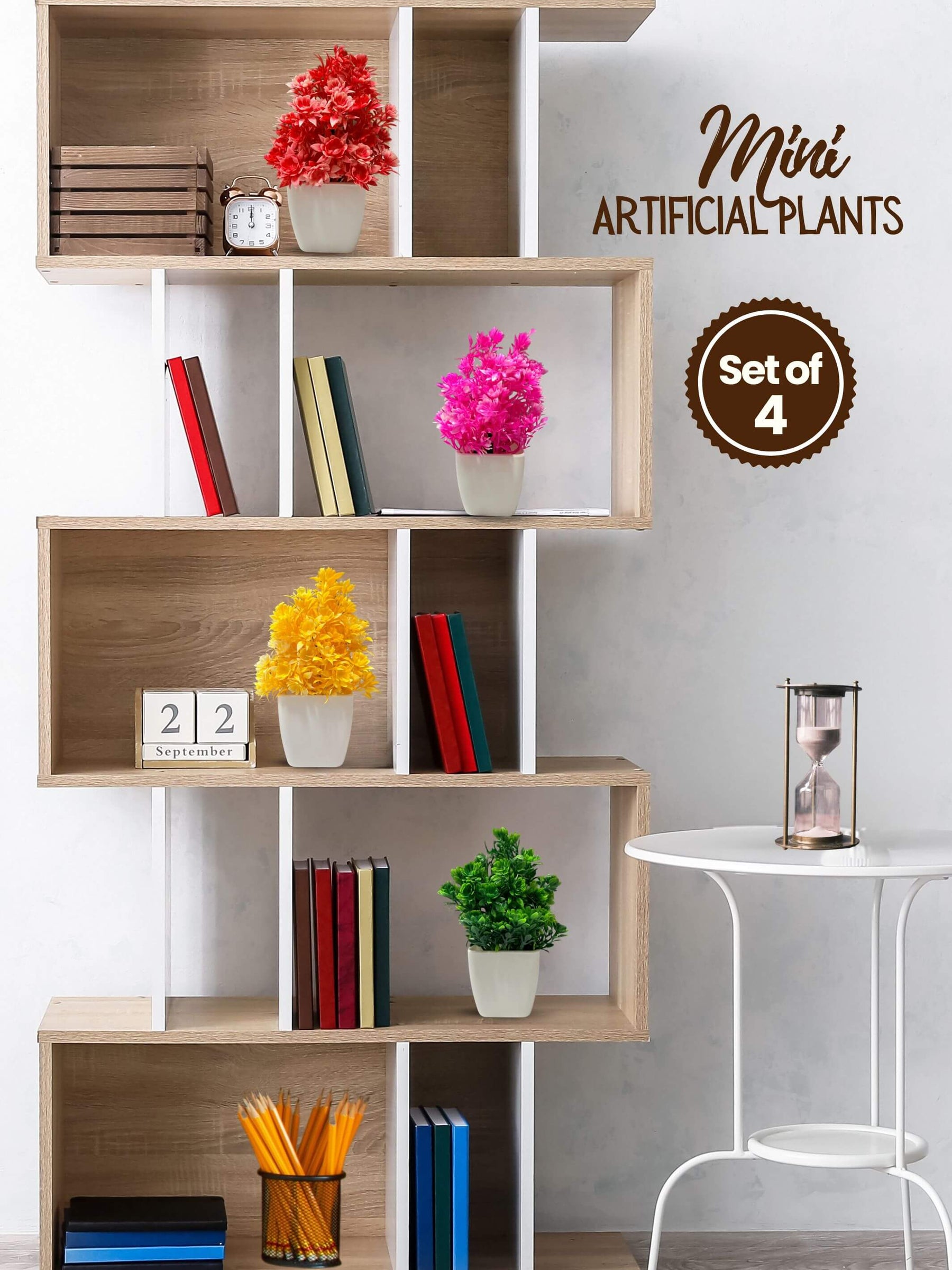 Mini Planters & Pots with Colorful Artificial Plants for Desk (Set of 4)