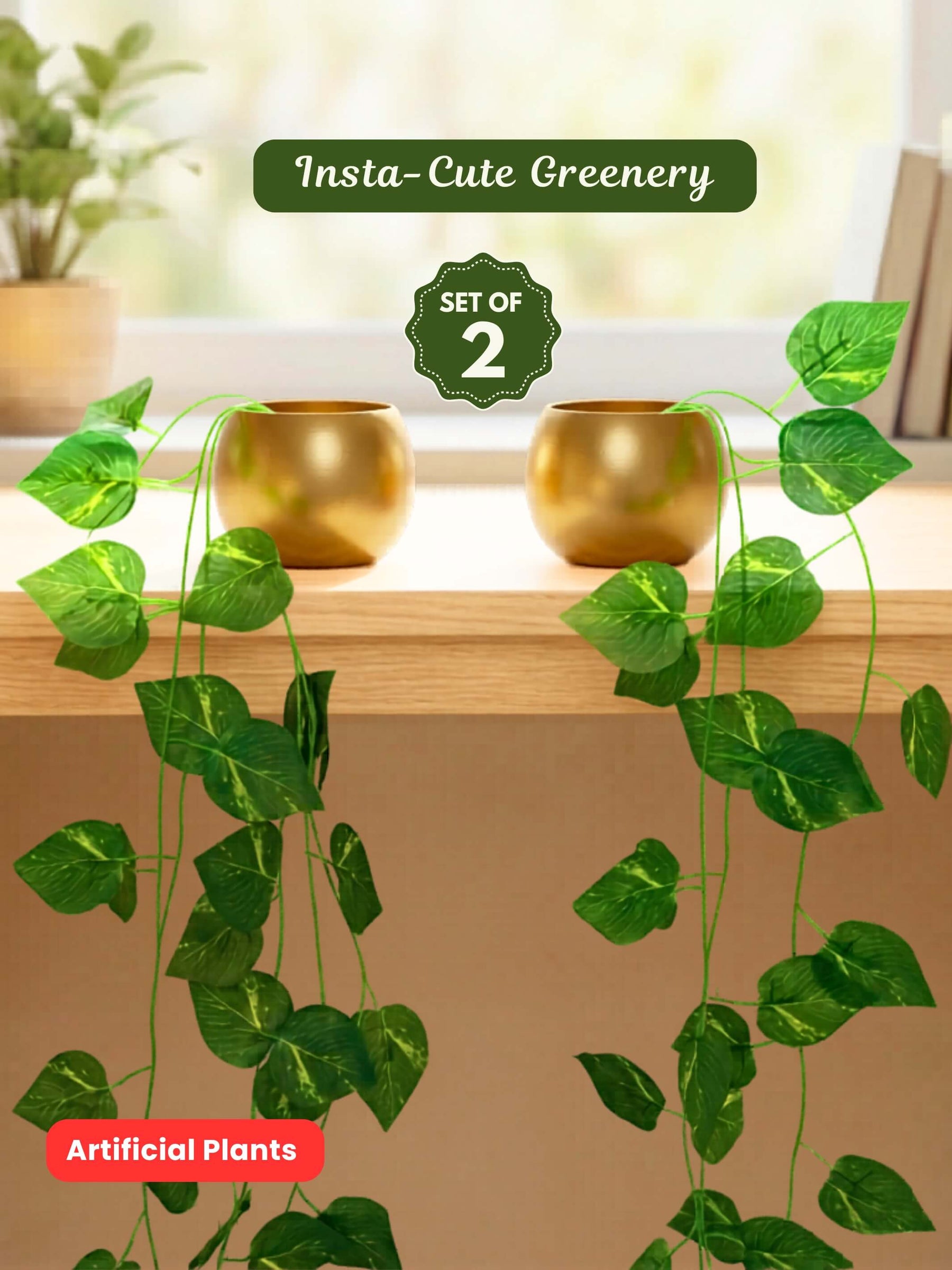 Gold Metal Pot with Hanging Plants – Set of 2