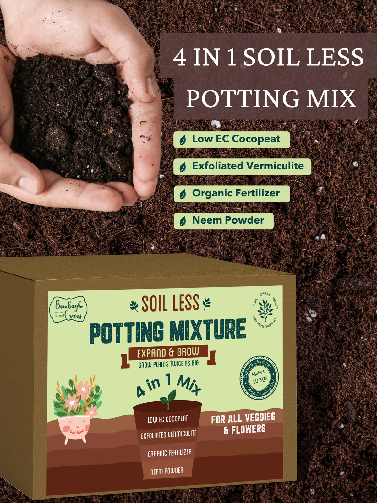 4 in 1 Soil less Potting Mix with Cocopeat, Vermiculite, Neem Powder & Fertilizer
