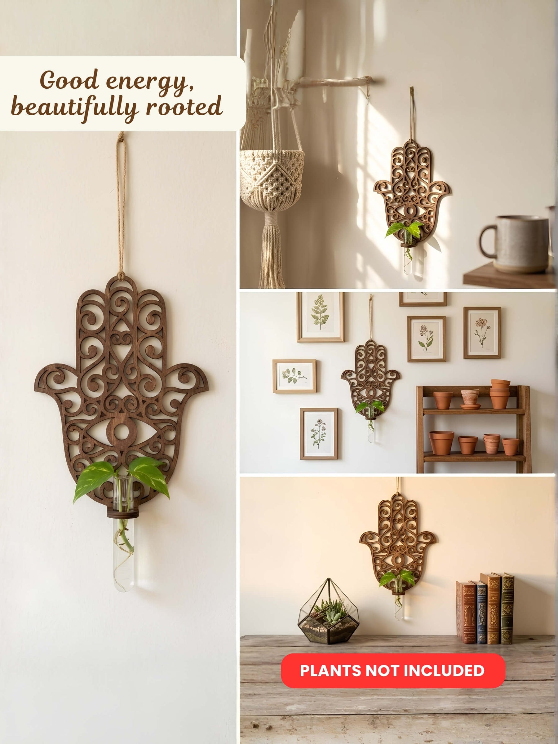 Hamsa Evil-Eye Wooden Wall Planter - 1 pc