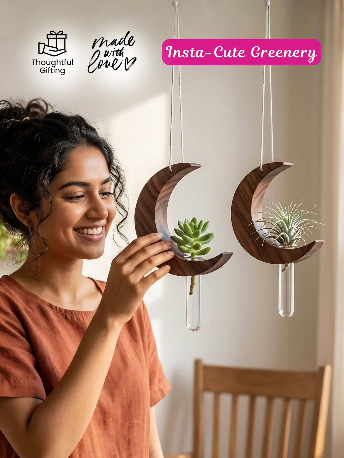 Moon-Shaped Wooden Test Tube Planter - Set of 2