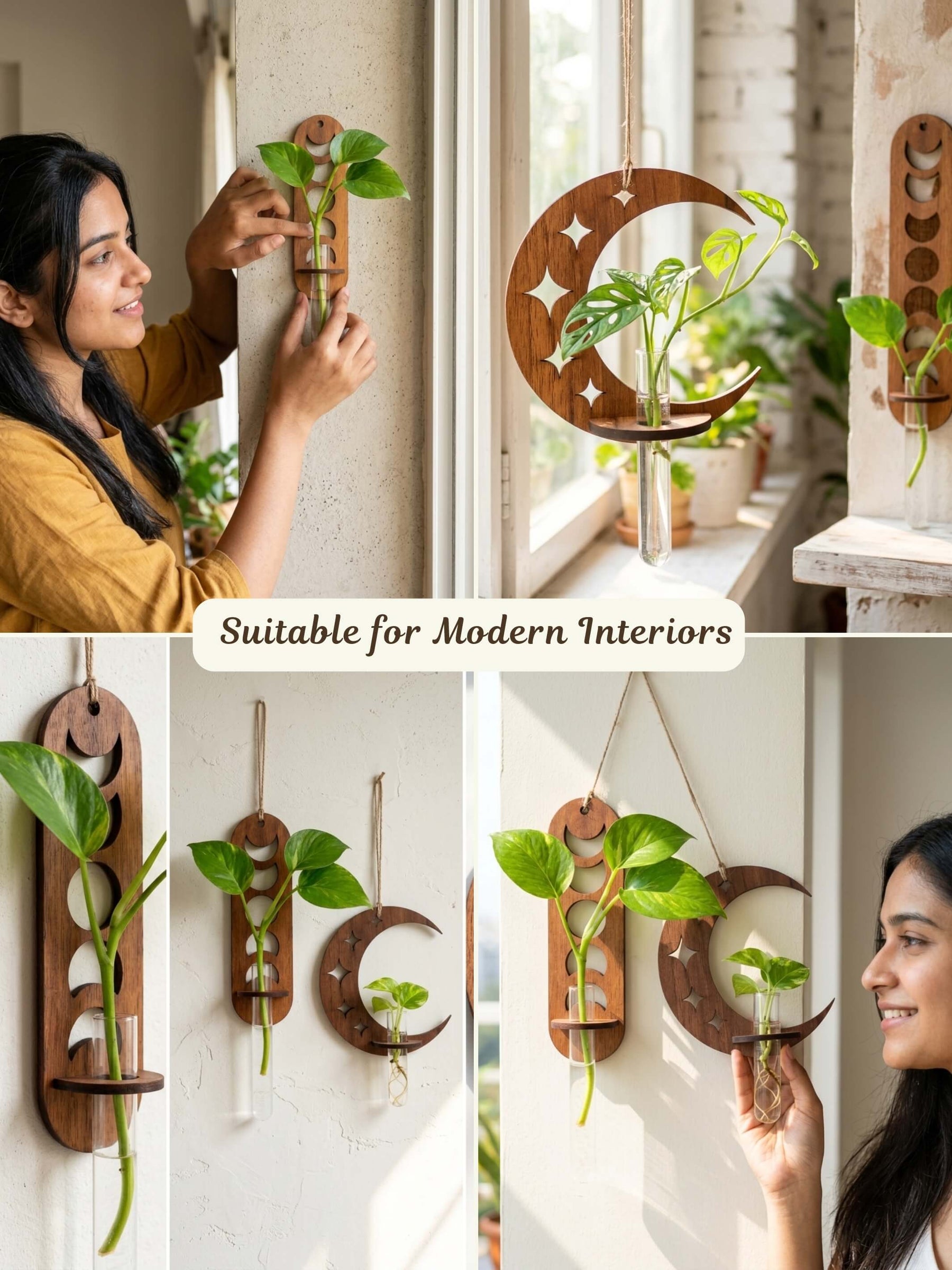 Celestial Moon Wooden Wall Planter - Combo