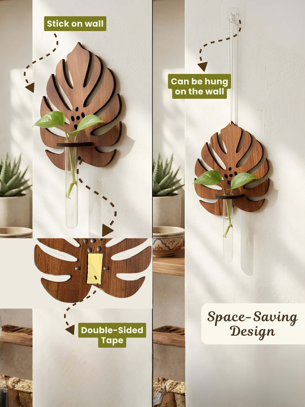 Wooden Monstera Wall Planter - 1 pc