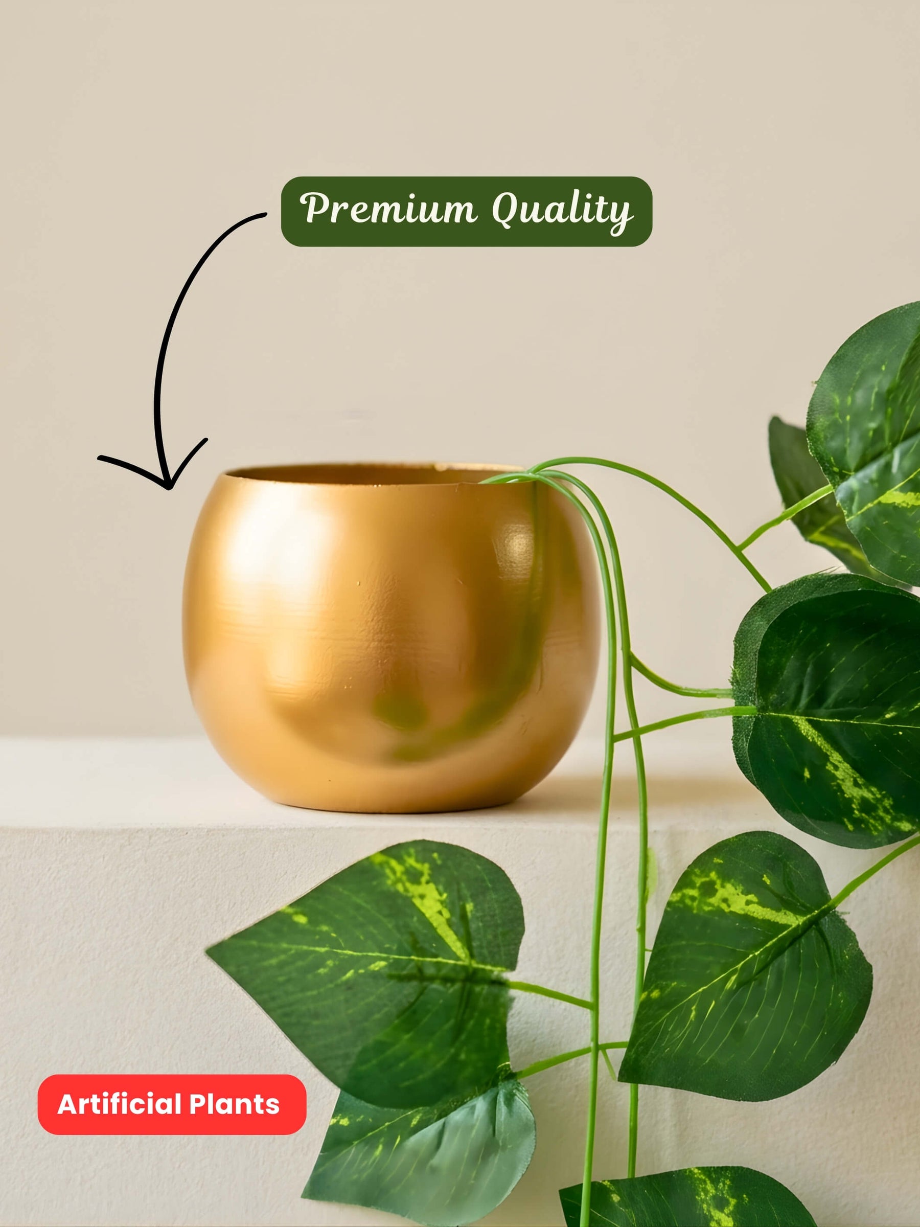 Gold Metal Pot with Hanging Plants – Set of 2