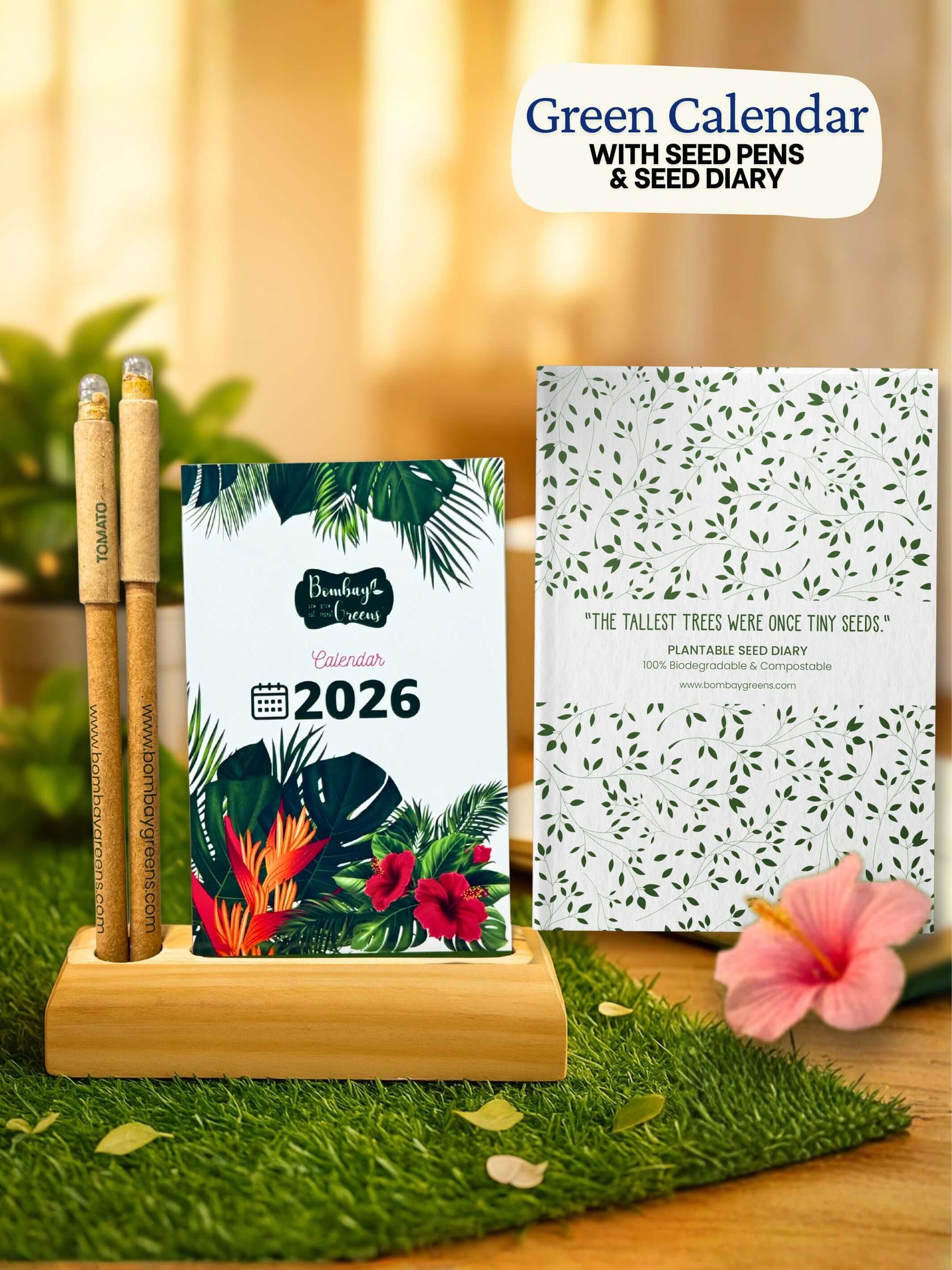 Green Calendar with Seed Pens, Seed Diary & Wooden Stand