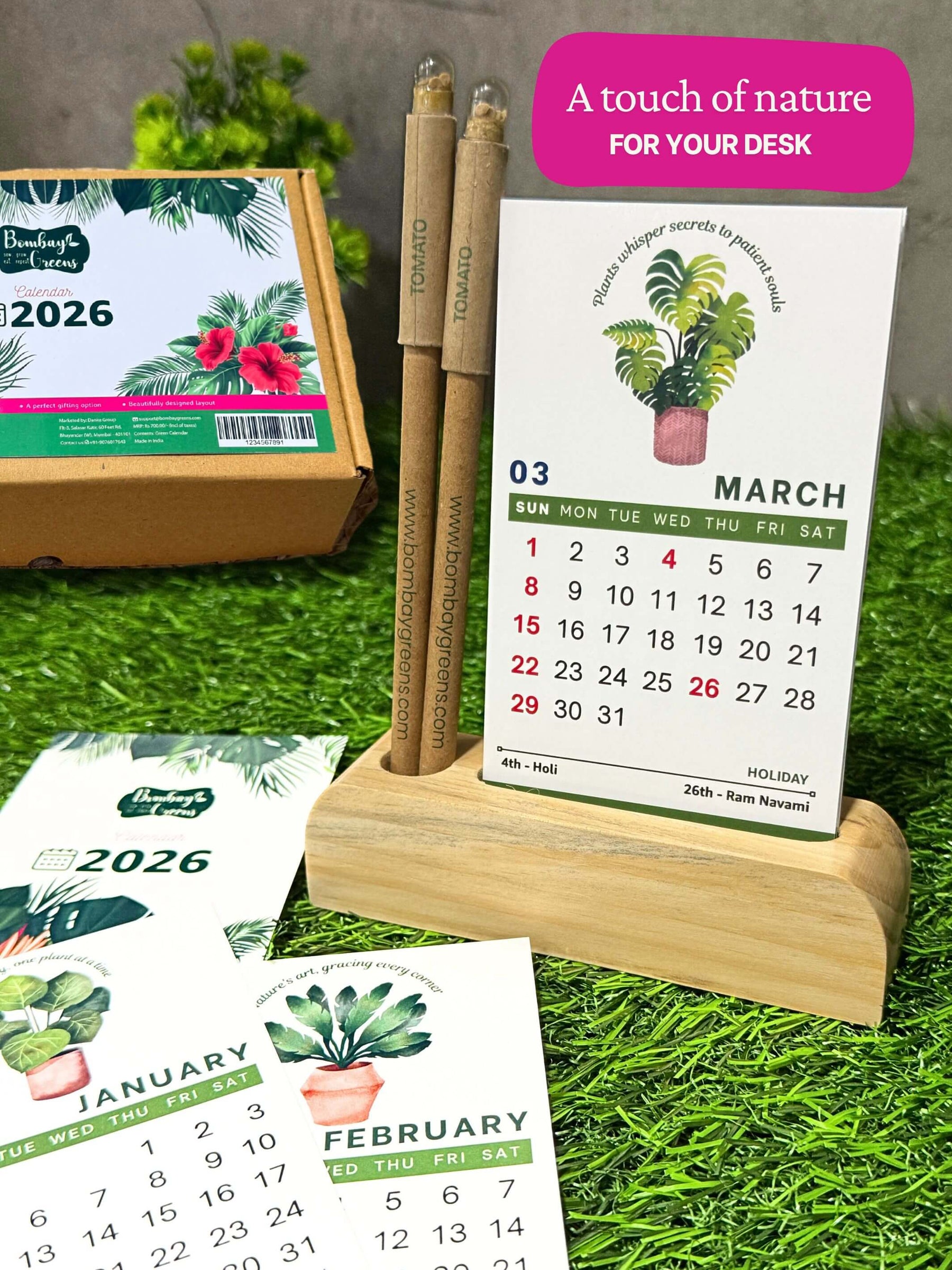 Green Calendar with Seed Pens, Seed Diary & Wooden Stand
