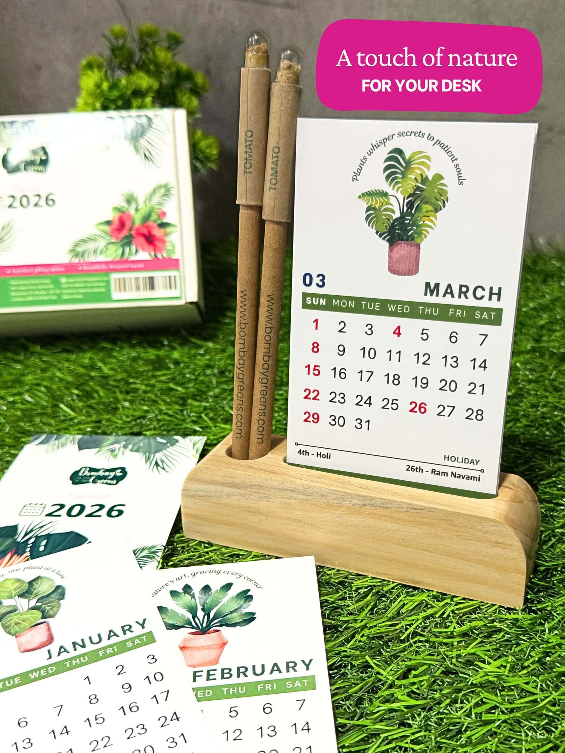 Green Calendar with Seed Pens & Wooden Stand