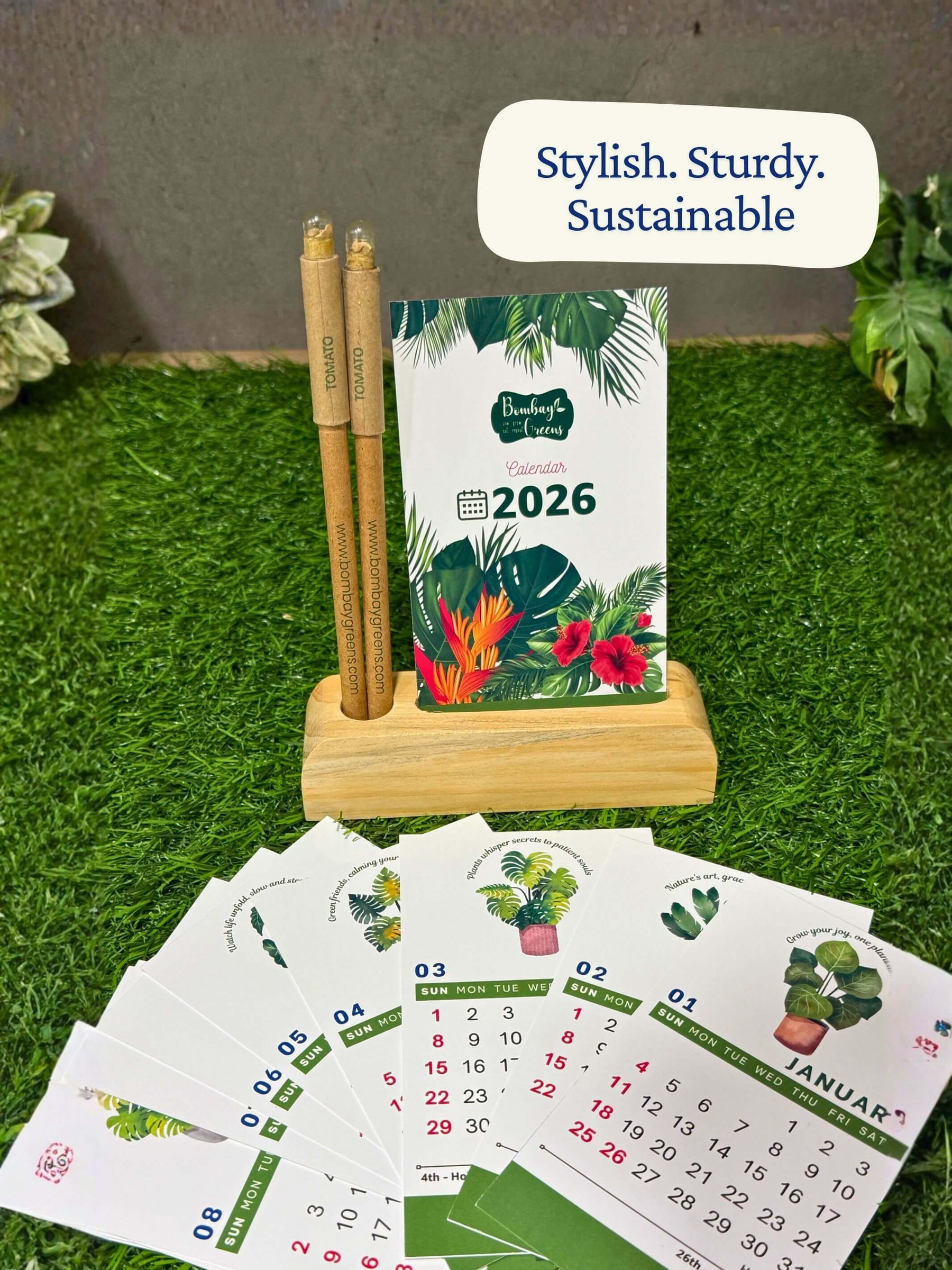 Green Calendar with Seed Pens & Wooden Stand