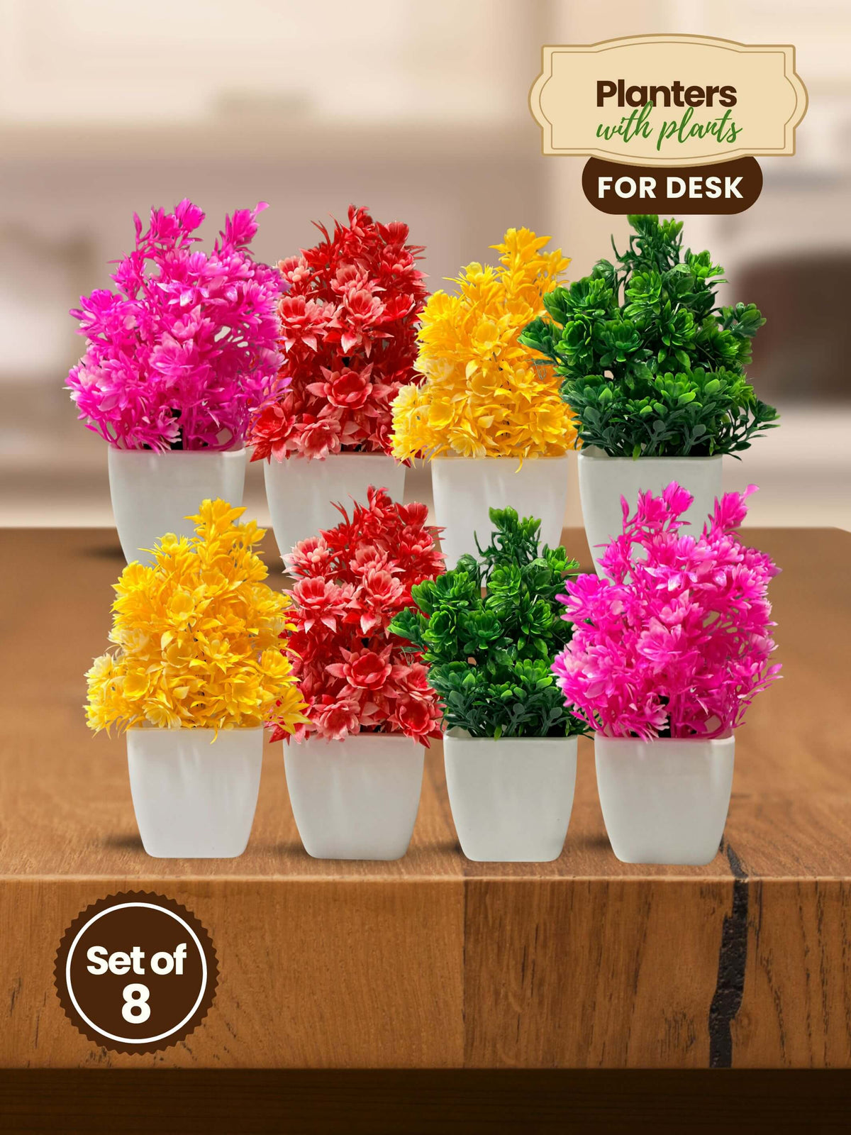 Mini Planters & Pots with Colorful Artificial Plants for Desk (Set of 8)