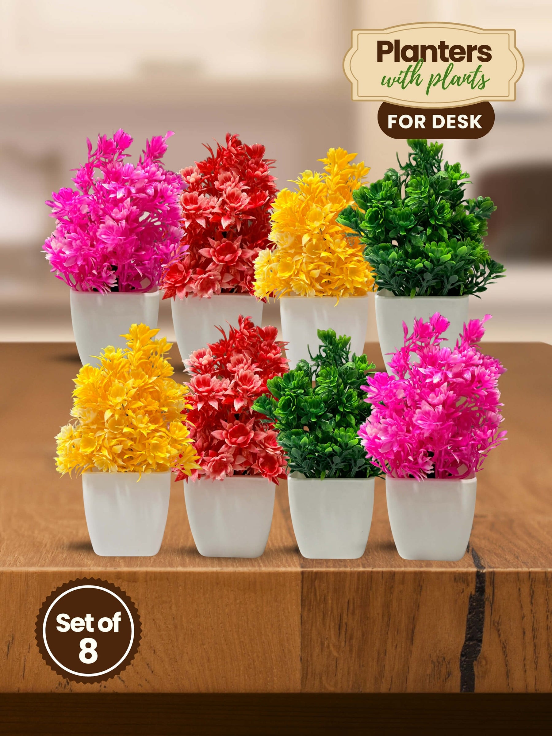 Mini Planters & Pots with Colorful Artificial Plants for Desk - 8 pcs