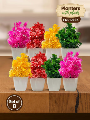 Mini Planters & Pots with Colorful Artificial Plants for Desk - 8 pcs