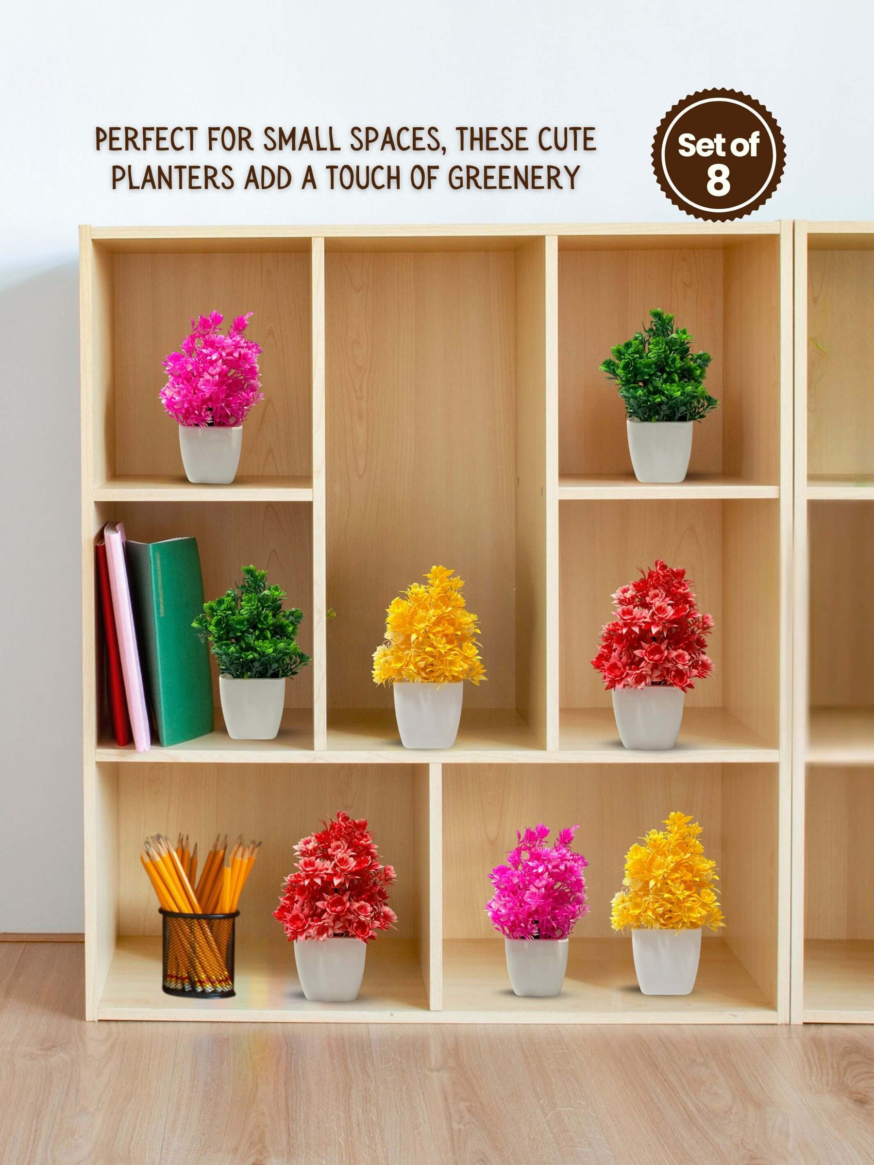 Mini Planters & Pots with Colorful Artificial Plants for Desk (Set of 8)