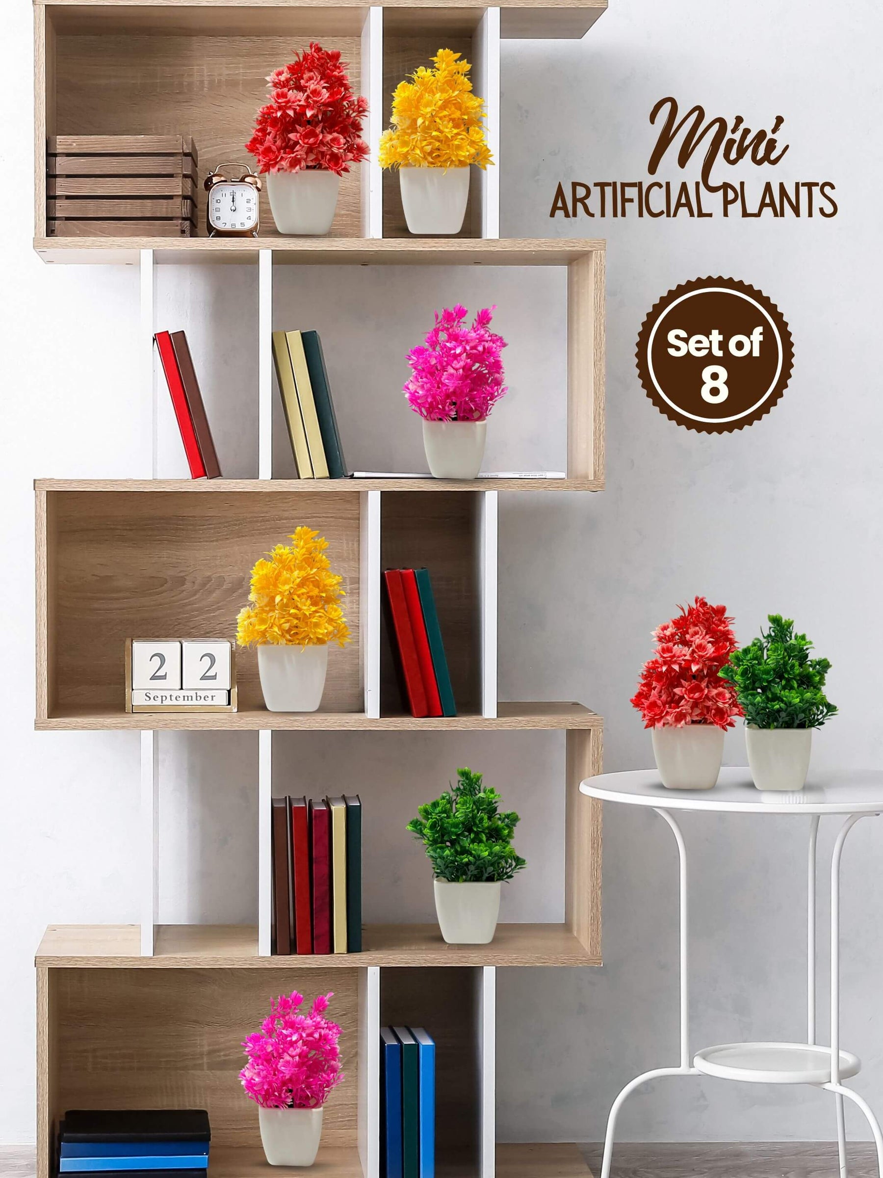 Mini Planters & Pots with Colorful Artificial Plants for Desk (Set of 8)