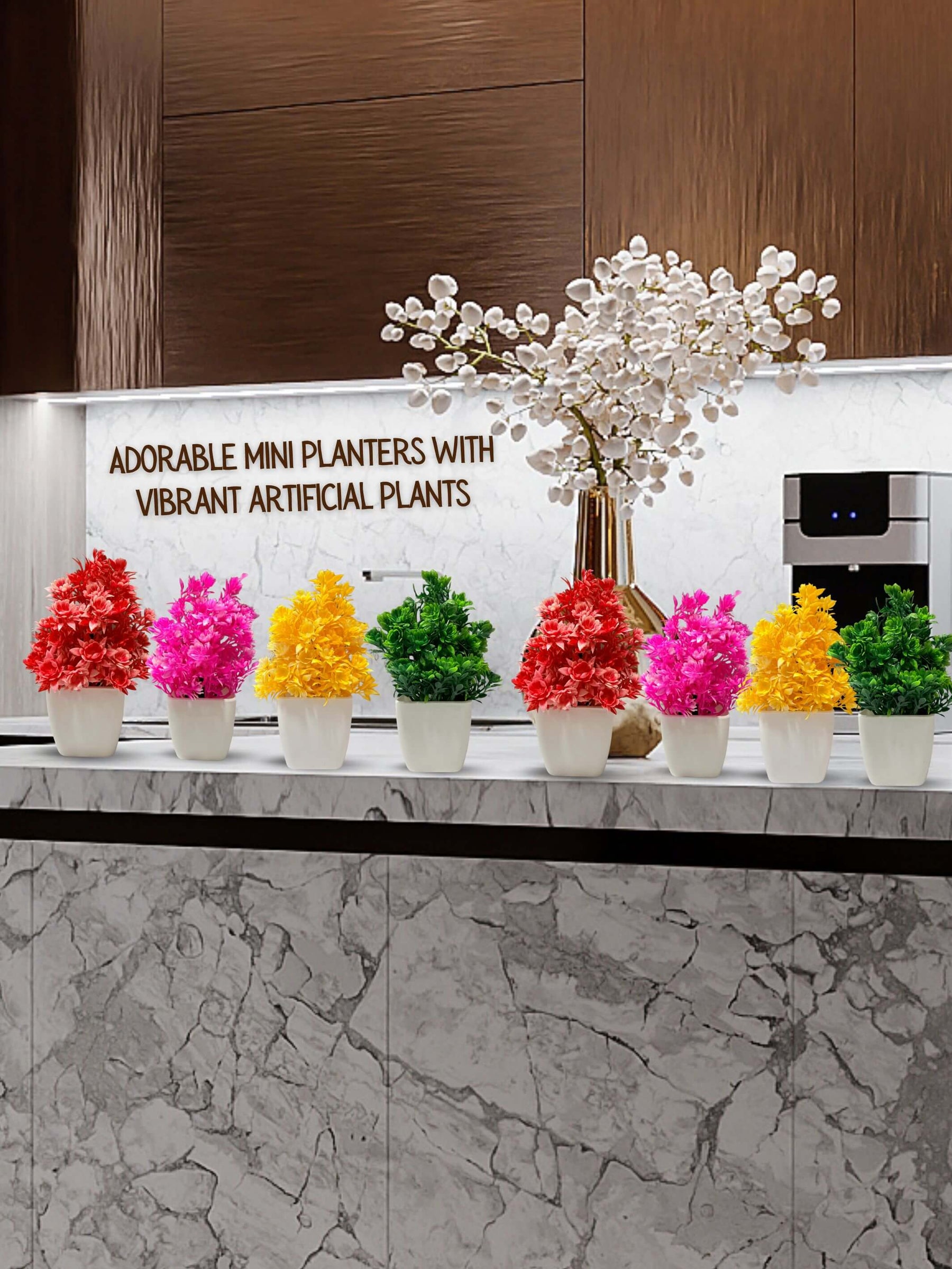 Mini Planters & Pots with Colorful Artificial Plants for Desk (Set of 8)