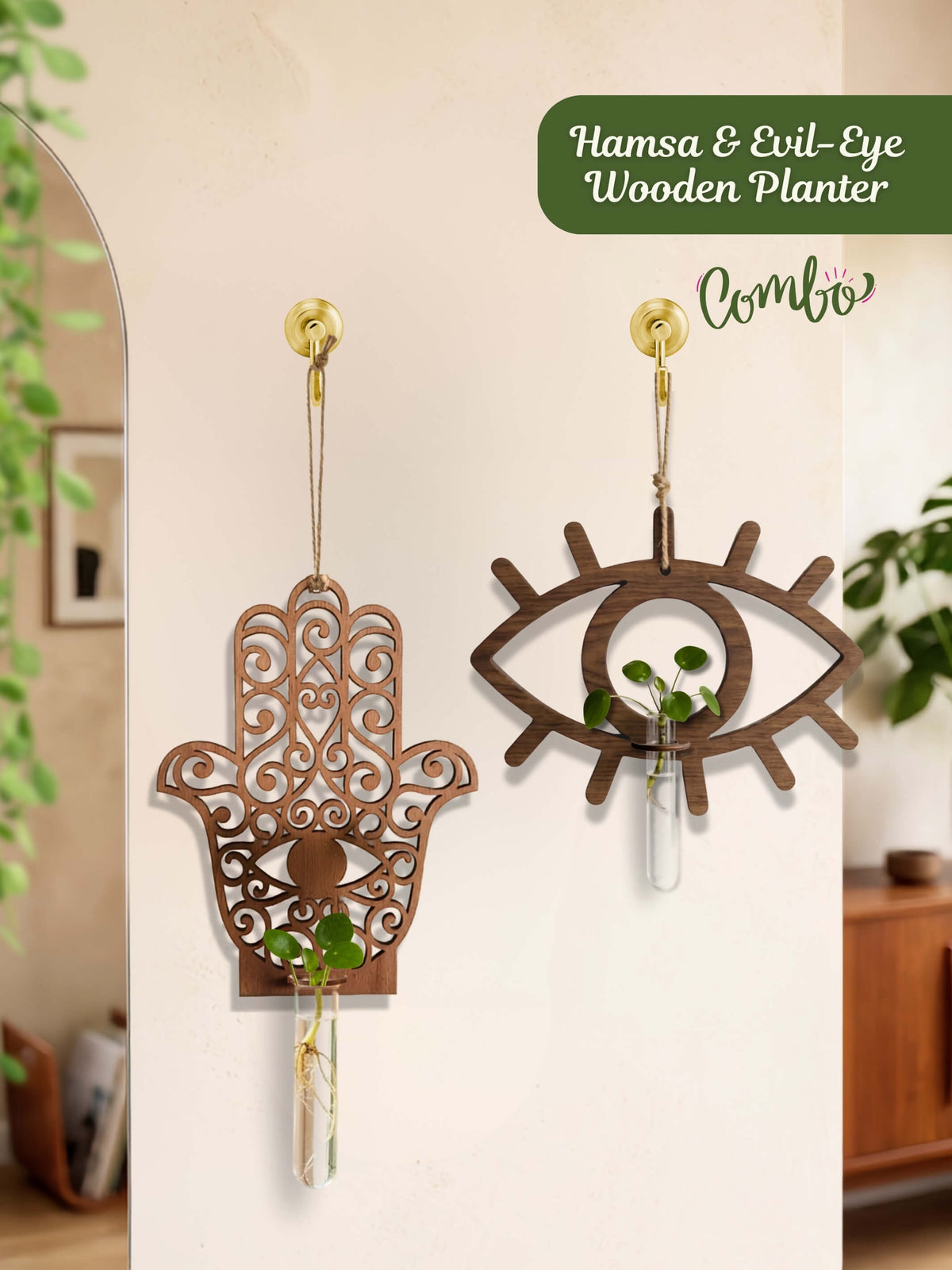 Evil Eye & Hamsa Wooden Test Tube Planters - Set of 2