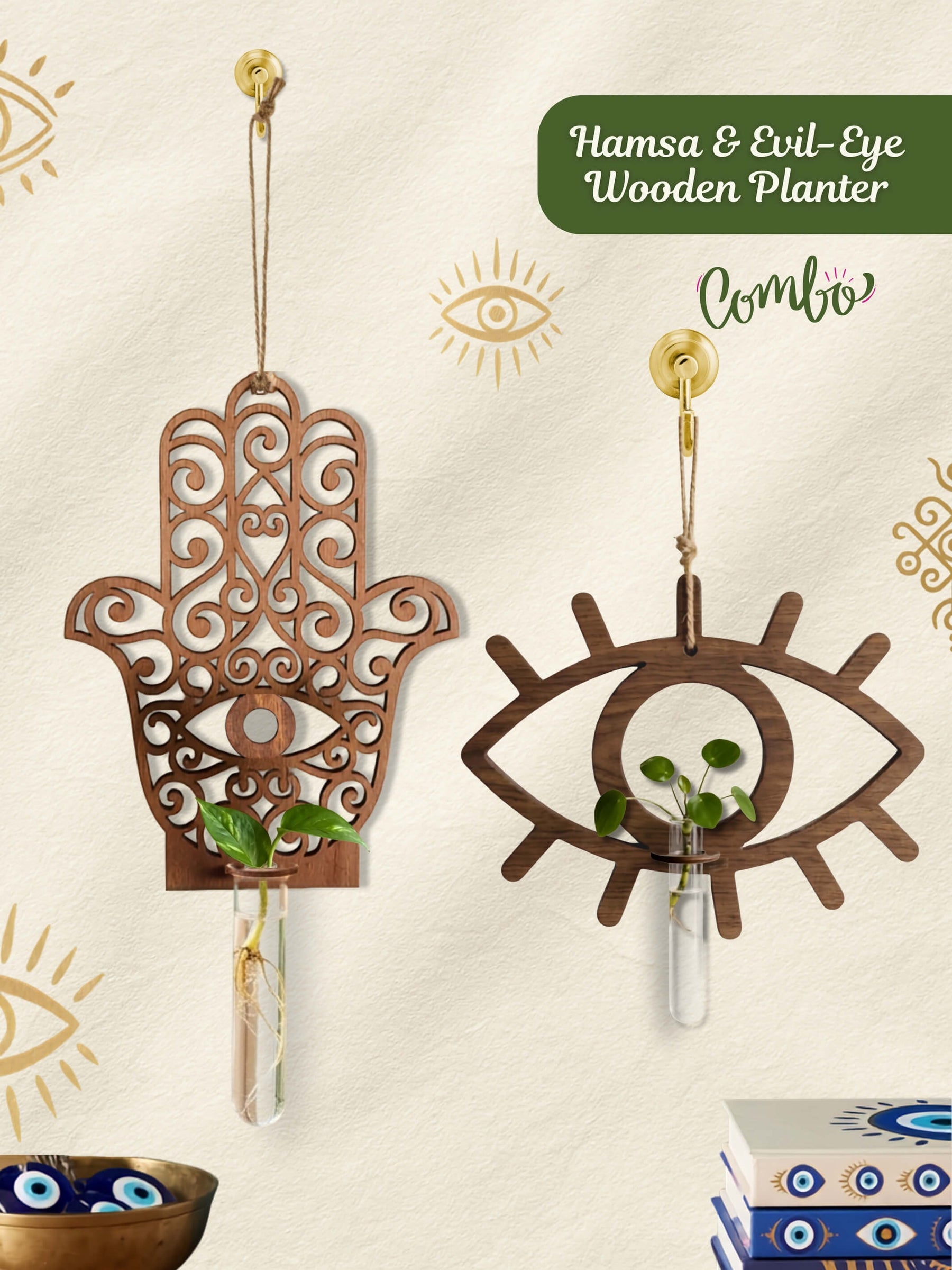 Evil Eye & Hamsa Wooden Test Tube Planters