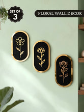 Floral Wall Art | Black & Gold Wooden Decor - Set of 3
