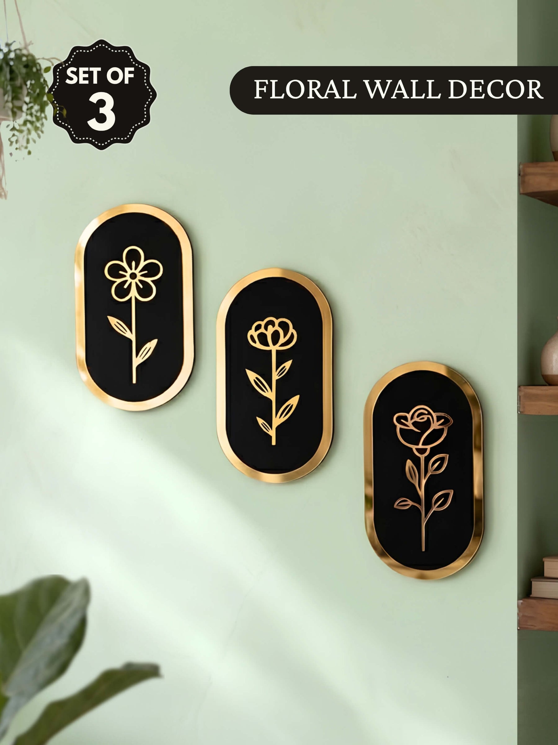 Floral Wall Art | Black & Gold Wooden Decor - Set of 3