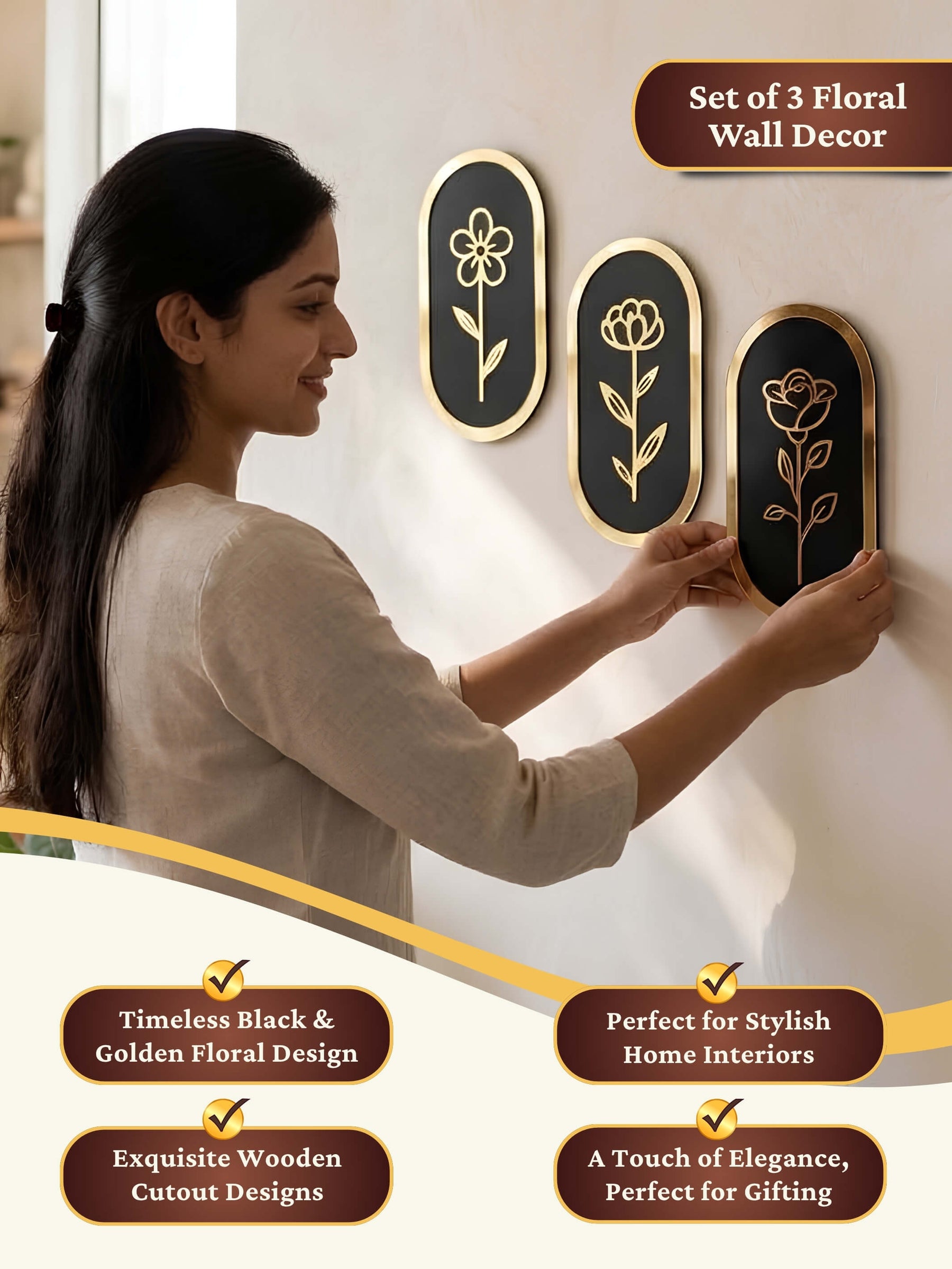 Floral Wall Art | Black & Gold Wooden Decor - Set of 3