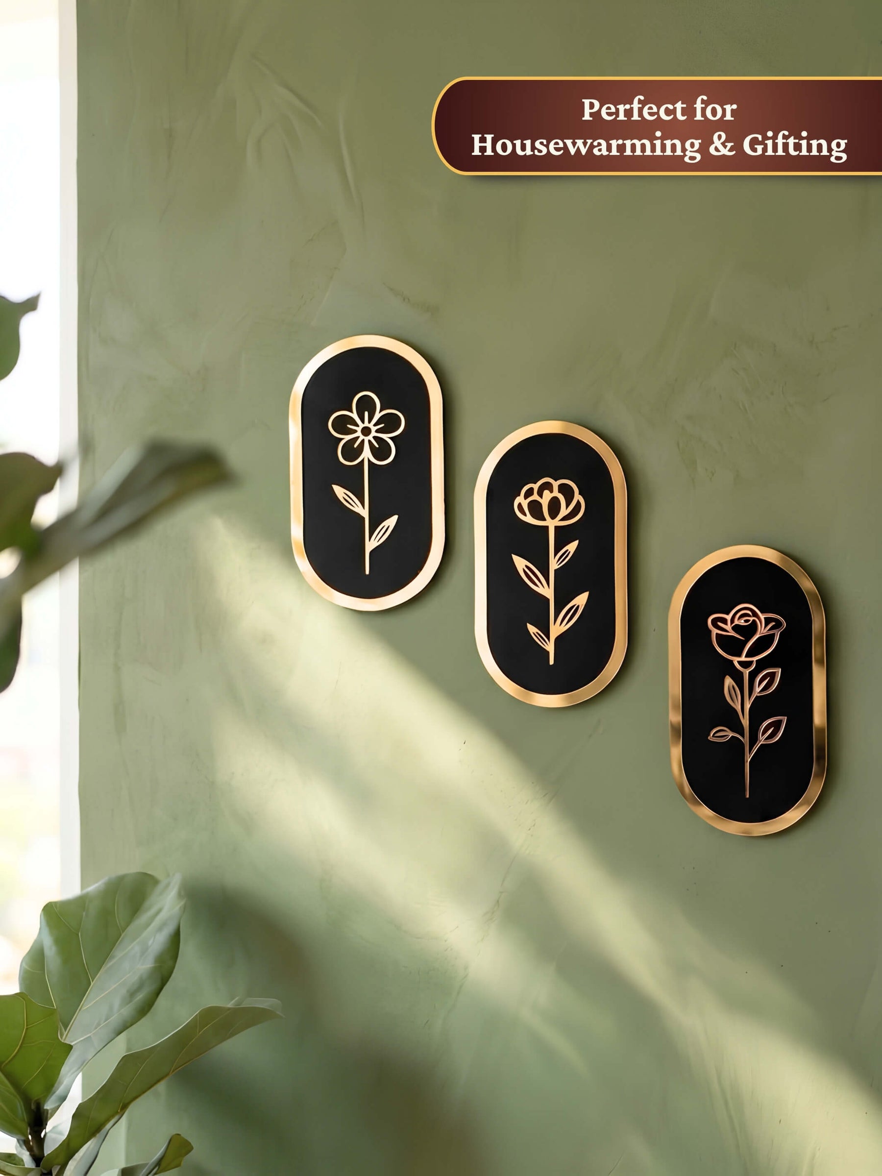 Floral Wall Art | Black & Gold Wooden Decor - Set of 3