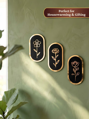 Floral Wall Art | Black & Gold Wooden Decor - Set of 3