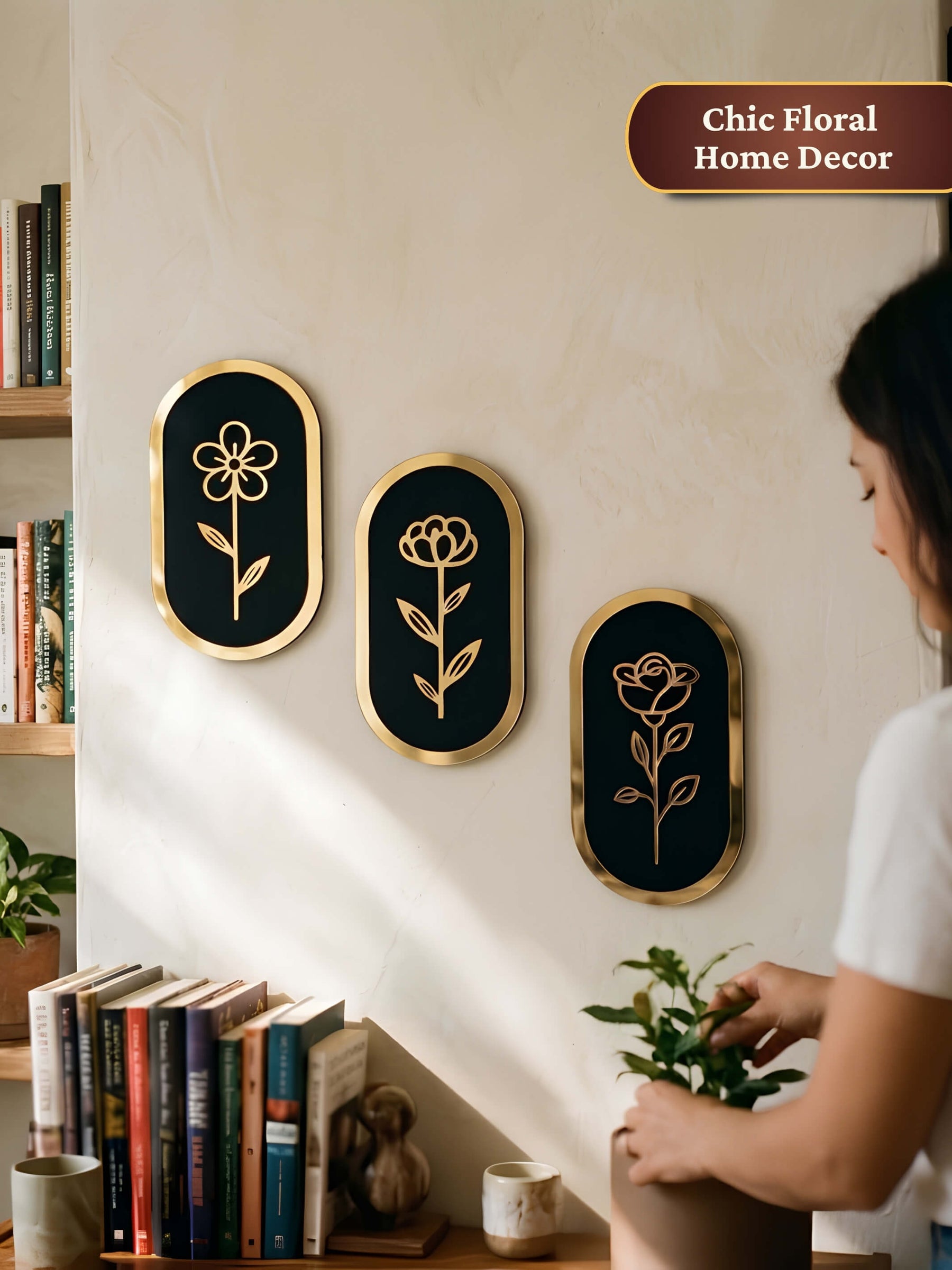 Floral Wall Art | Black & Gold Wooden Decor - Set of 3