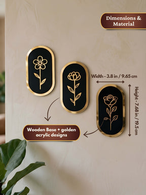 Floral Wall Art | Black & Gold Wooden Decor - Set of 3